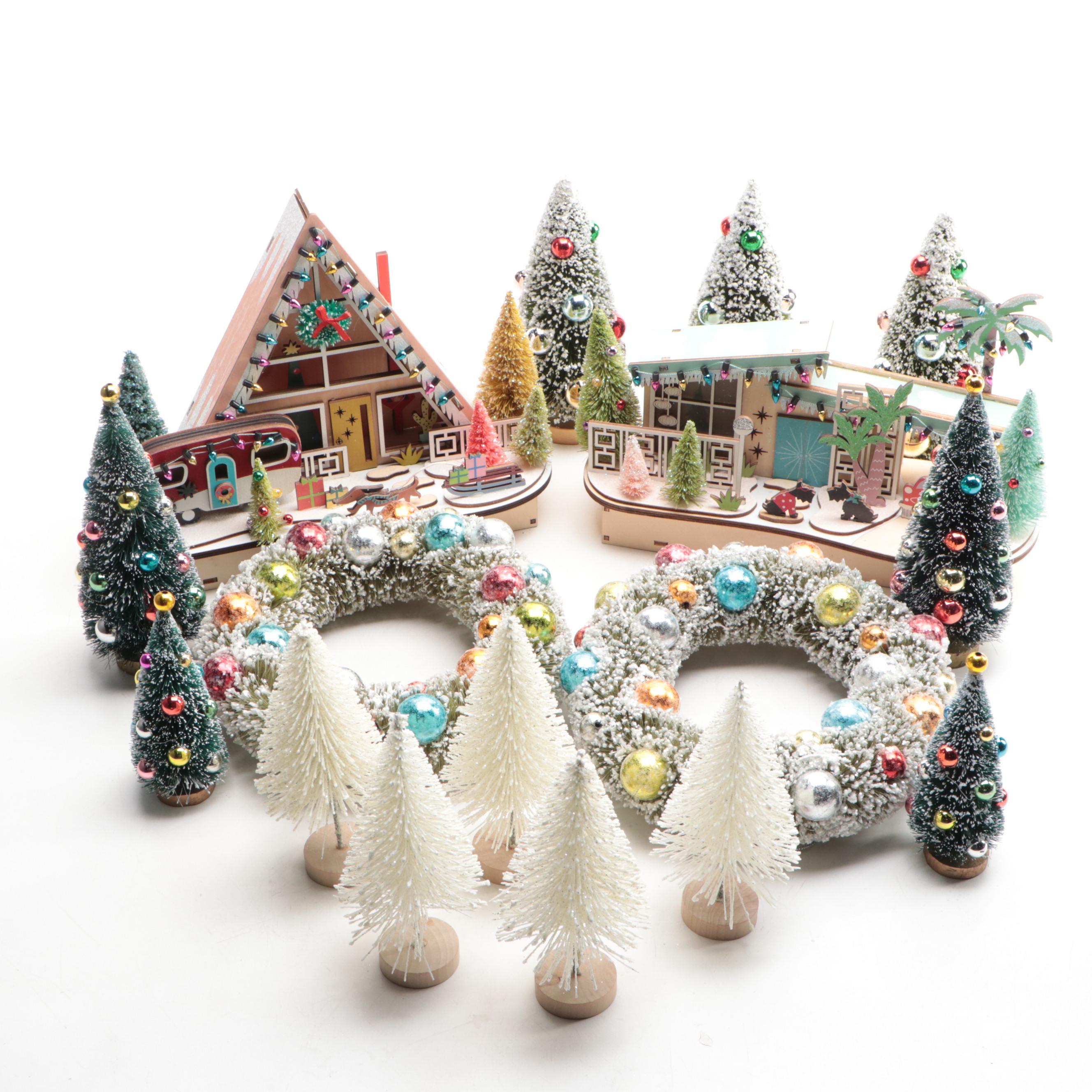 World Market Laser-Cut Wood Christmas Village Décor with Bottlebrush Trees, More