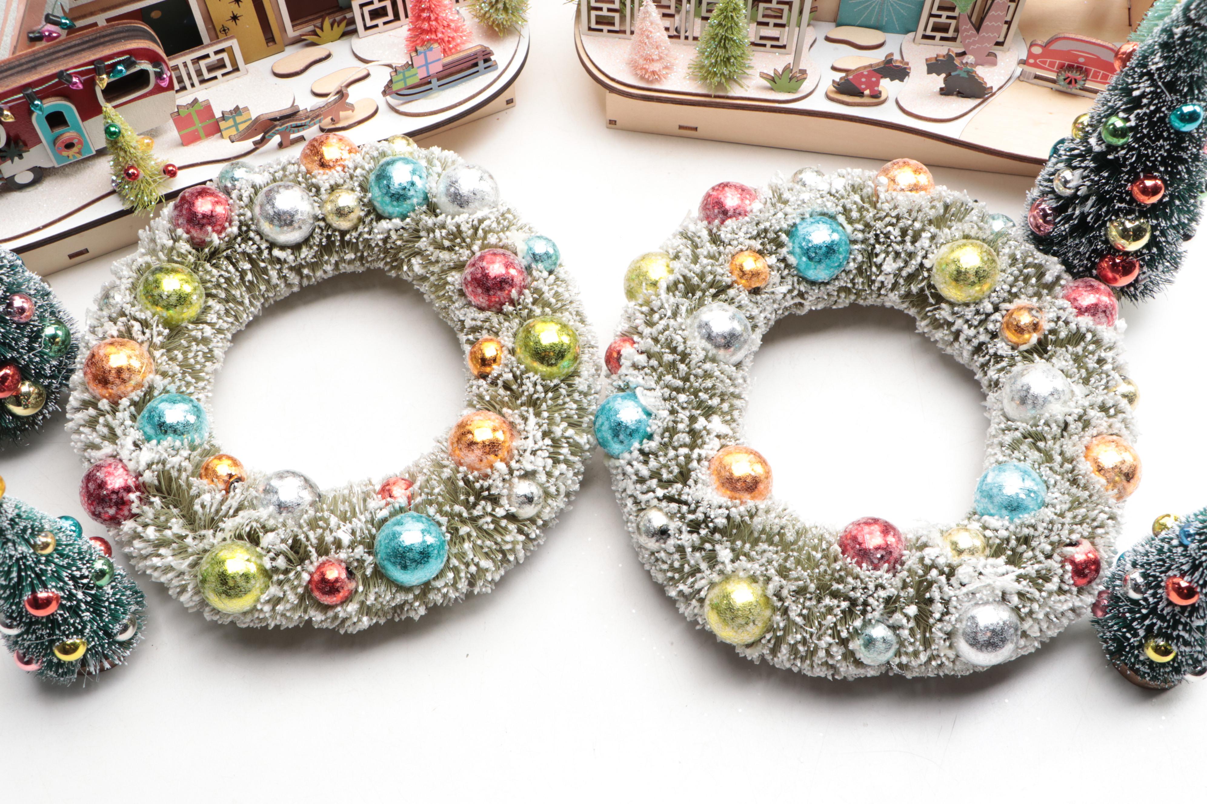 World Market Laser-Cut Wood Christmas Village Décor with Bottlebrush Trees, More