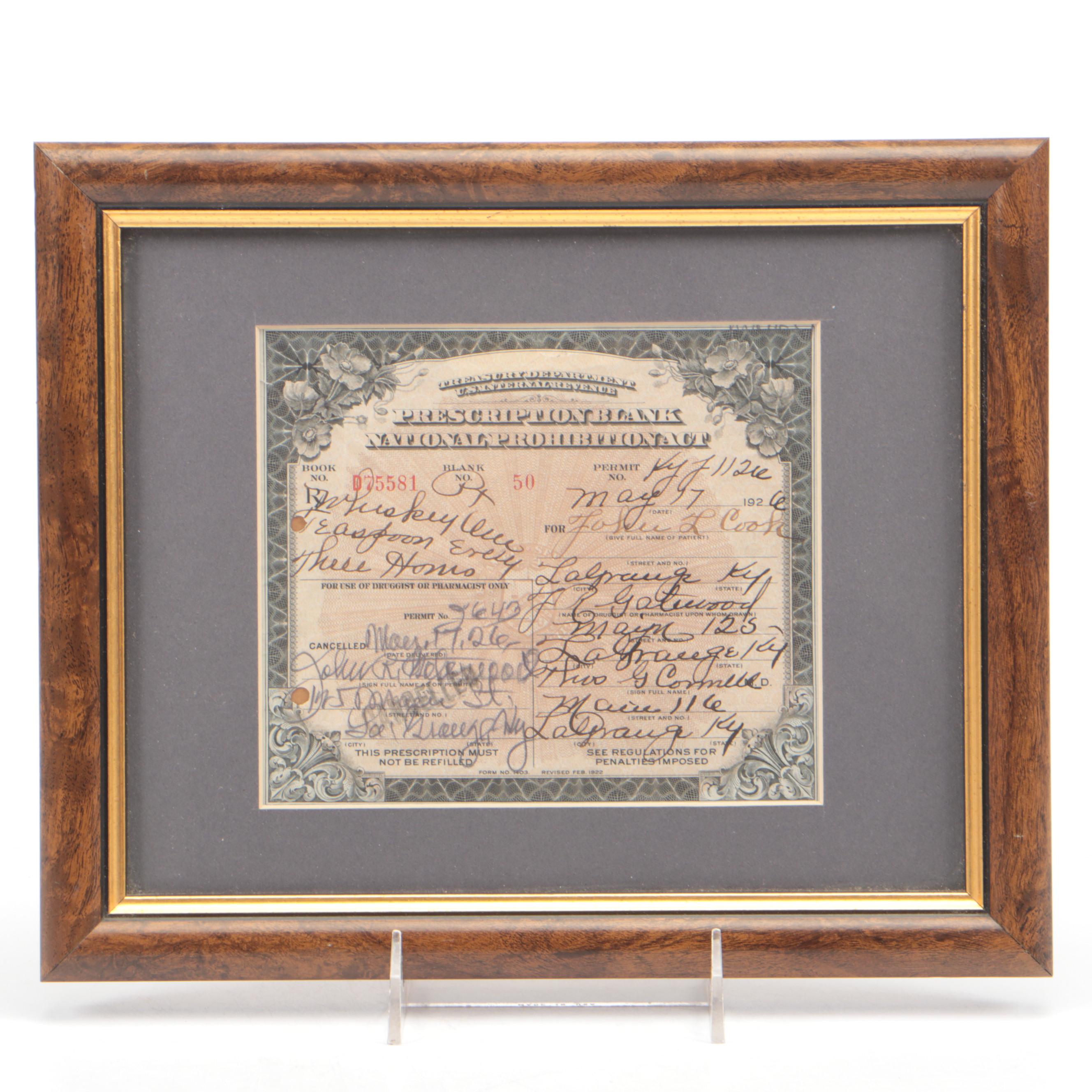 1926 Prohibition Era Medicinal Whiskey Prescription in Frame