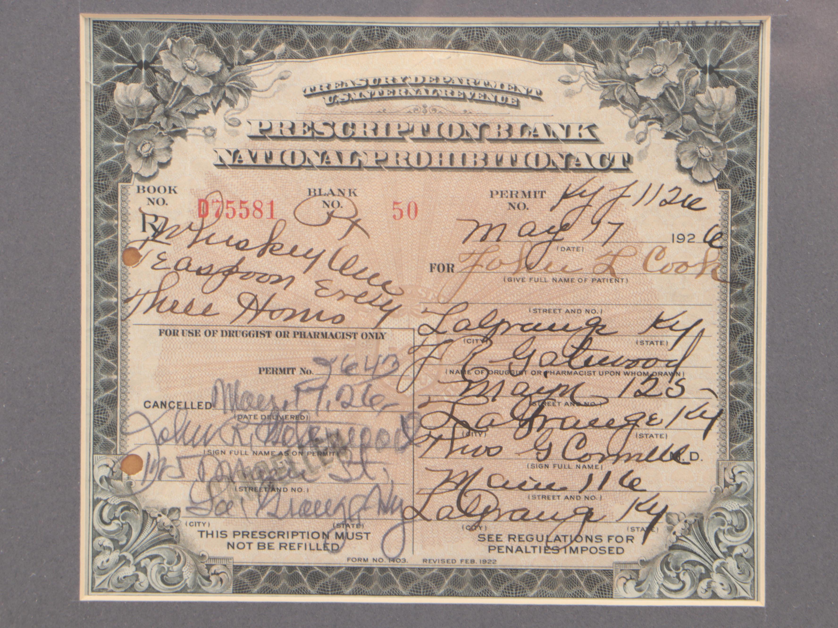 1926 Prohibition Era Medicinal Whiskey Prescription in Frame