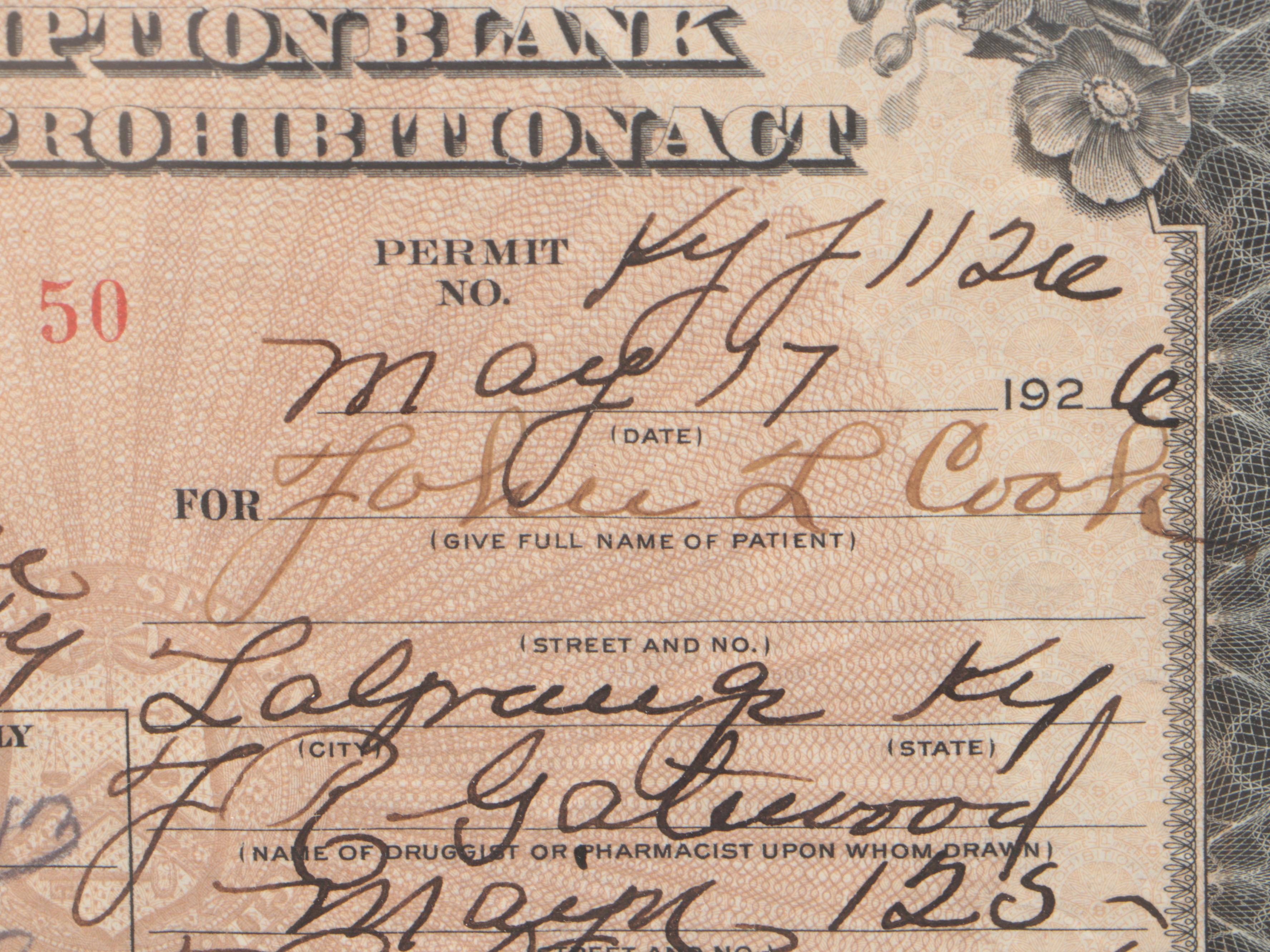 1926 Prohibition Era Medicinal Whiskey Prescription in Frame