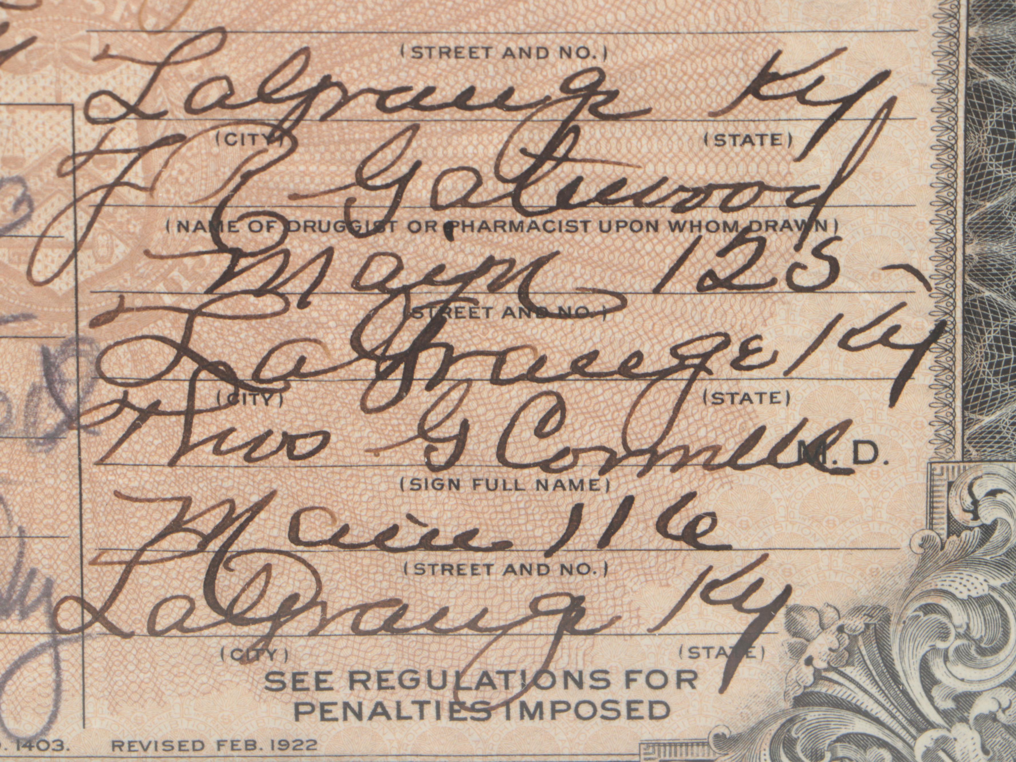 1926 Prohibition Era Medicinal Whiskey Prescription in Frame