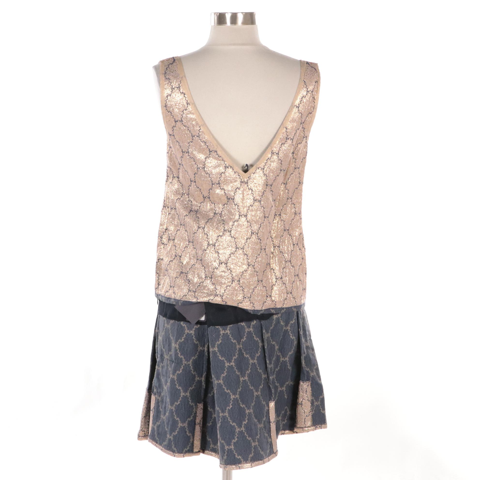 Prada Navy/Metallic Matelassé Lurex Sleeveless Top and Skirt, New with Tags