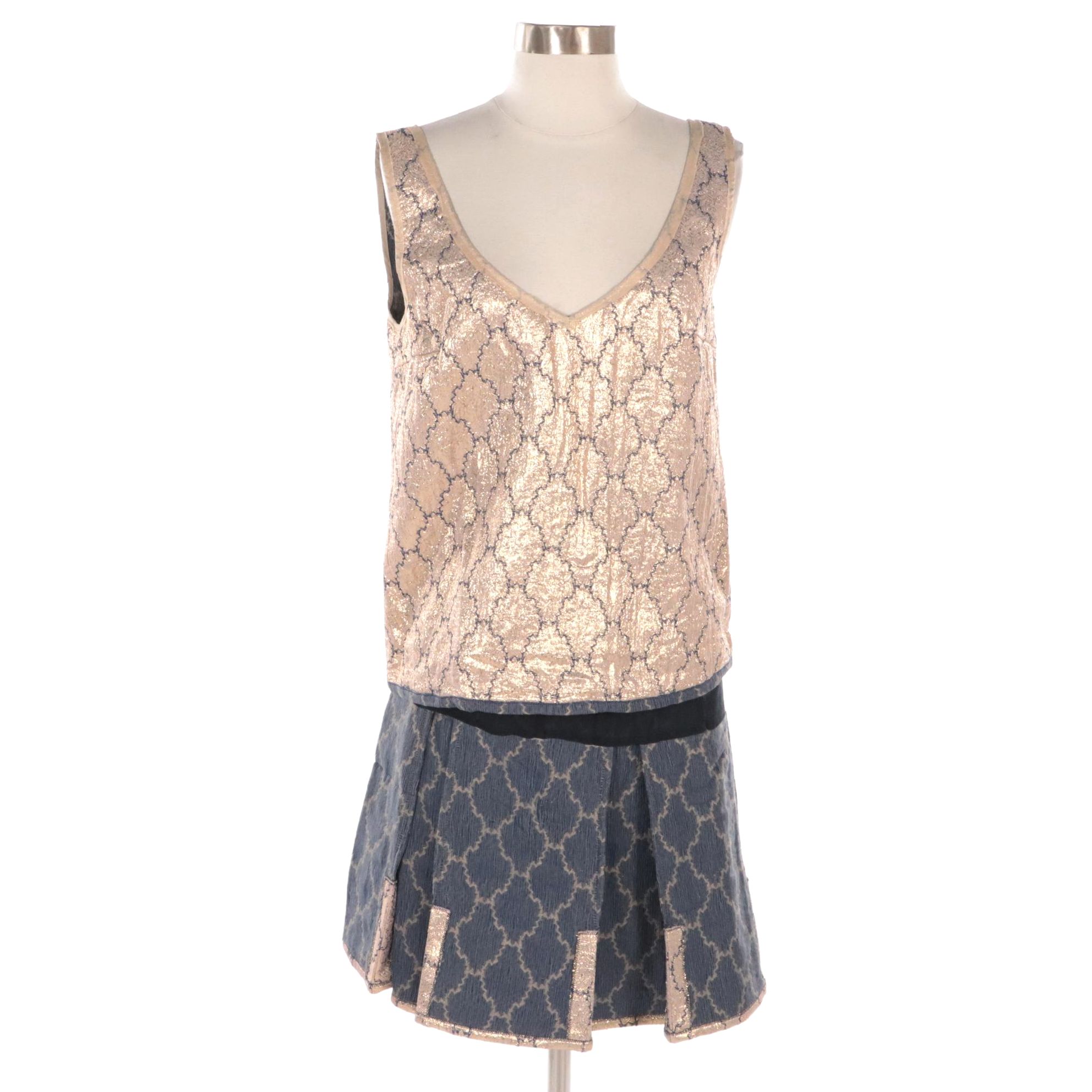 Prada Navy/Metallic Matelassé Lurex Sleeveless Top and Skirt, New with Tags