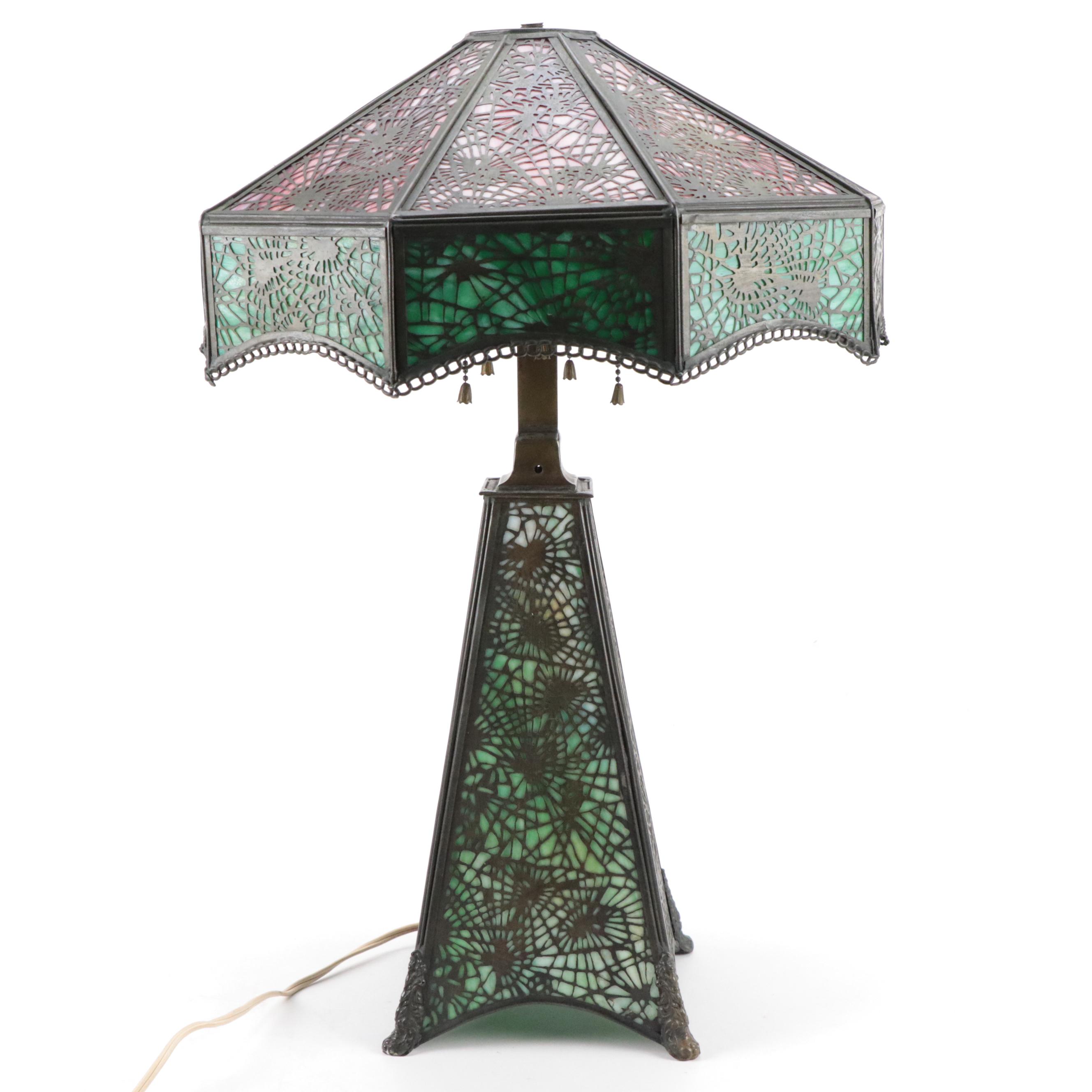 Handel Style Slag Glass with Metal Pine Needle Overlay Table Lamp