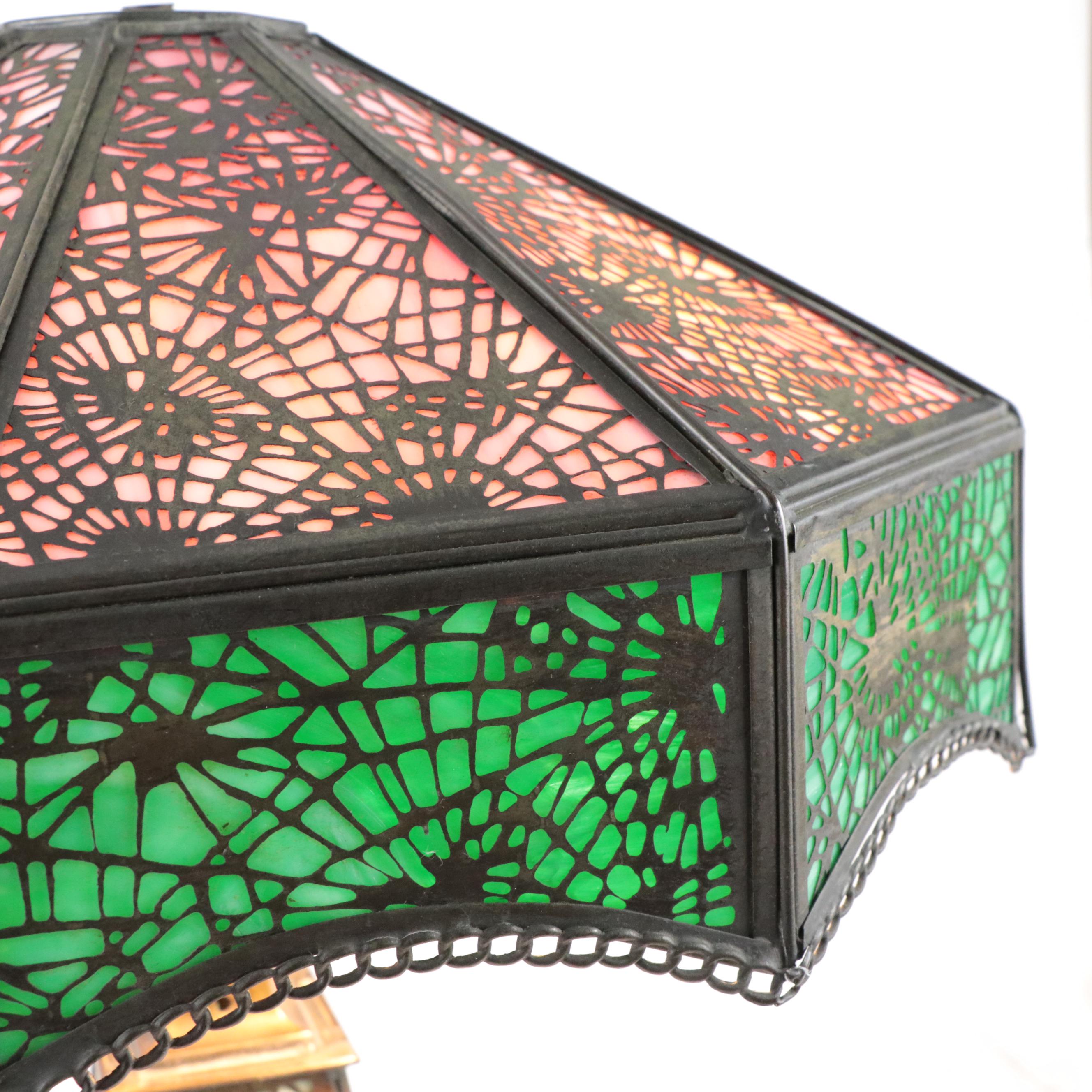 Handel Style Slag Glass with Metal Pine Needle Overlay Table Lamp