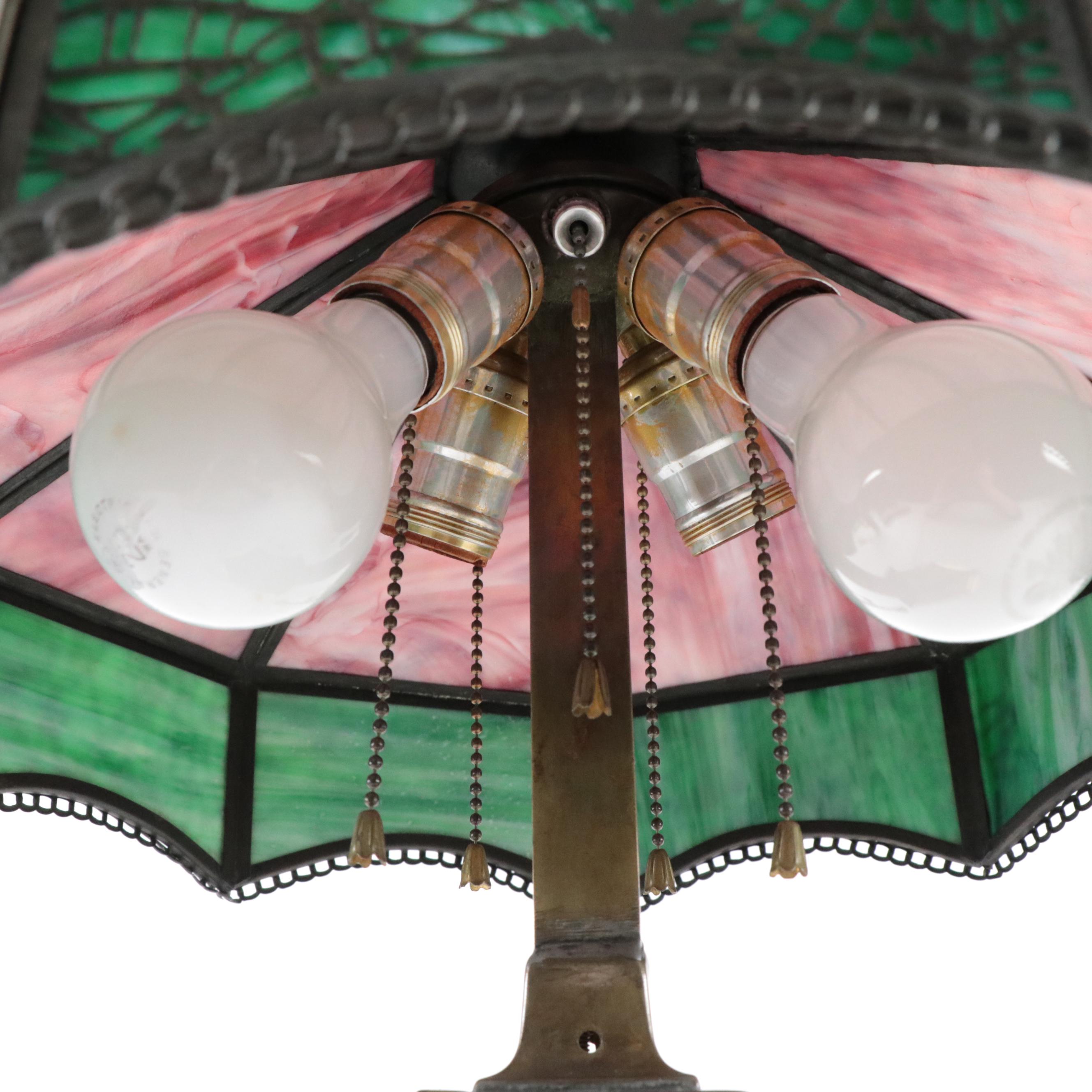 Handel Style Slag Glass with Metal Pine Needle Overlay Table Lamp