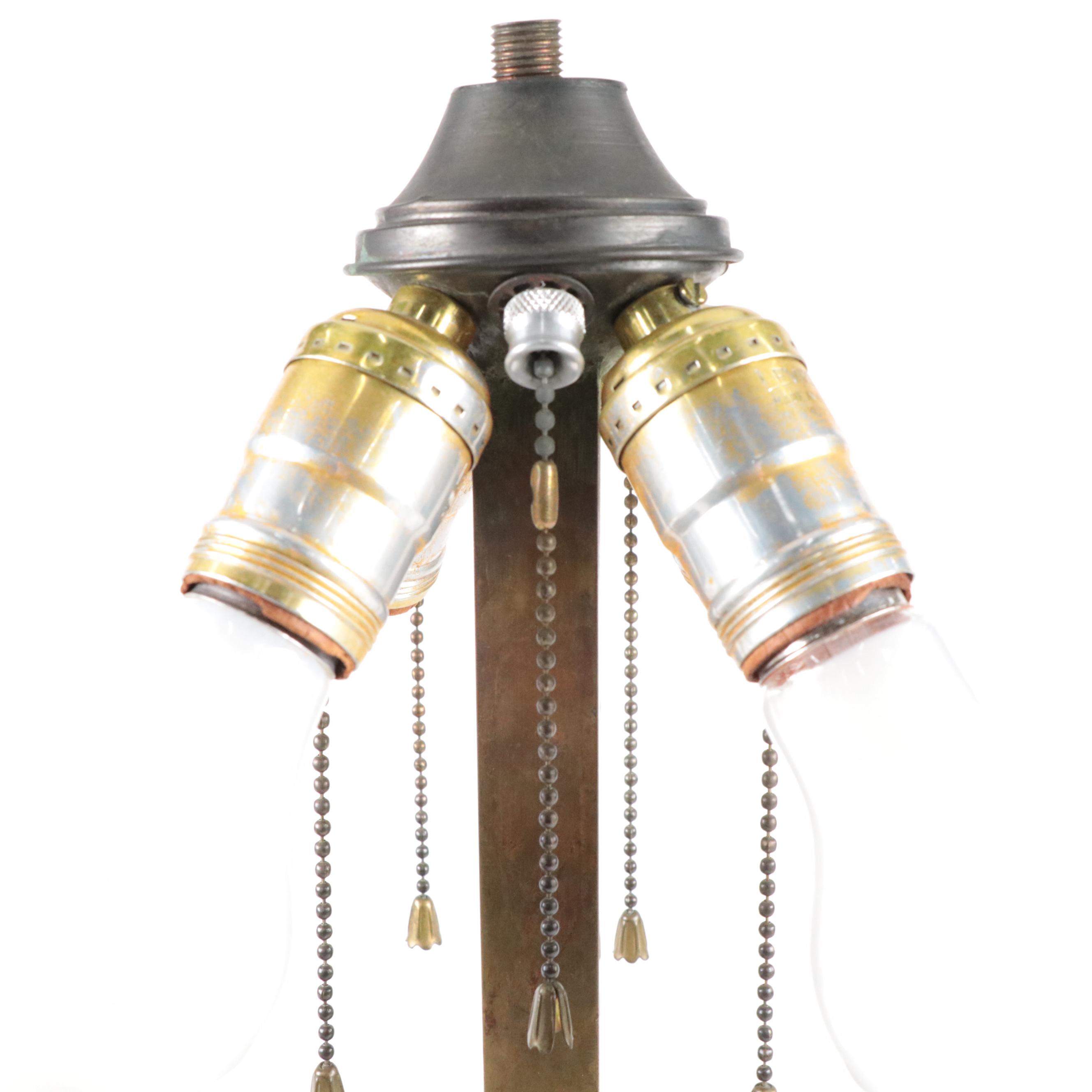 Handel Style Slag Glass with Metal Pine Needle Overlay Table Lamp