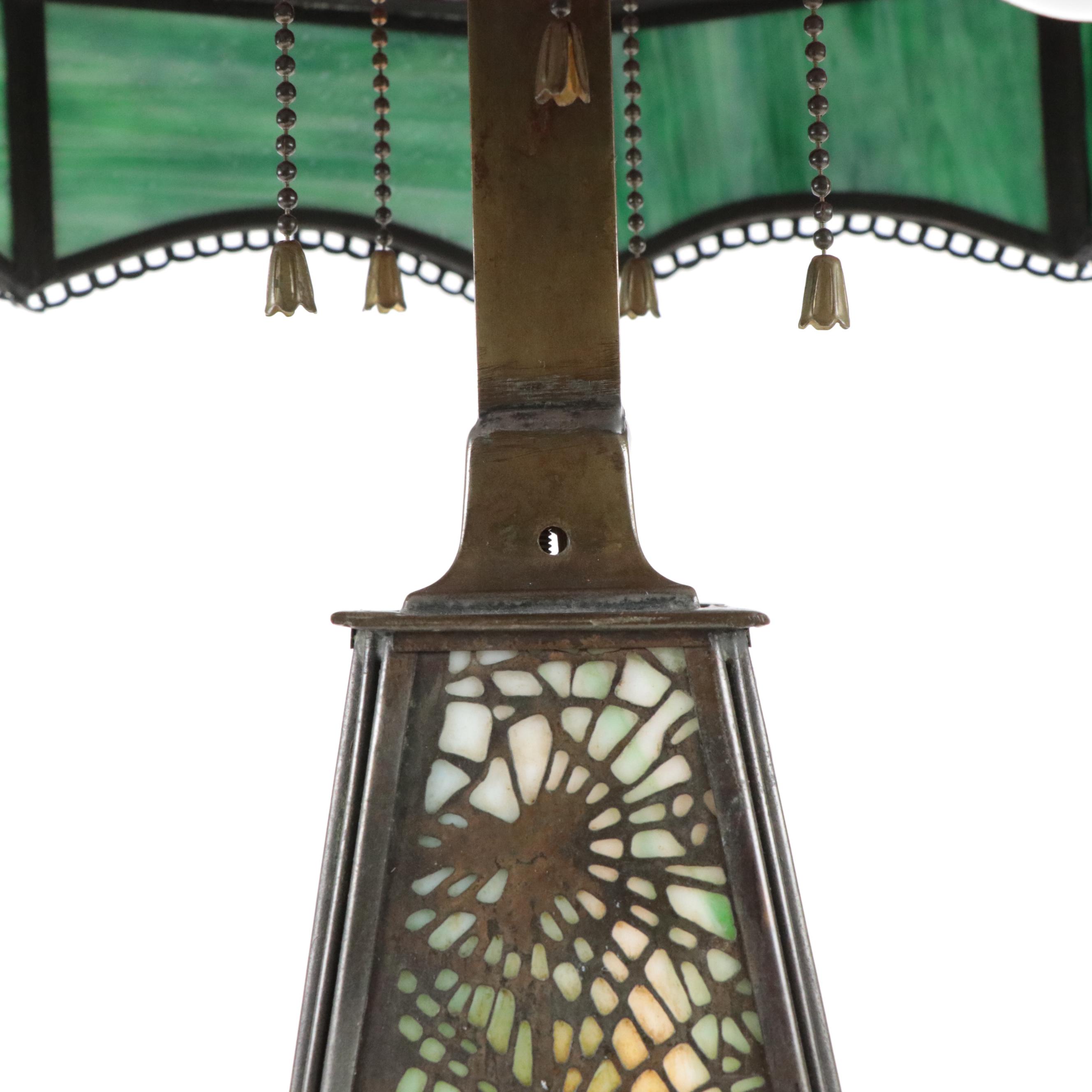 Handel Style Slag Glass with Metal Pine Needle Overlay Table Lamp