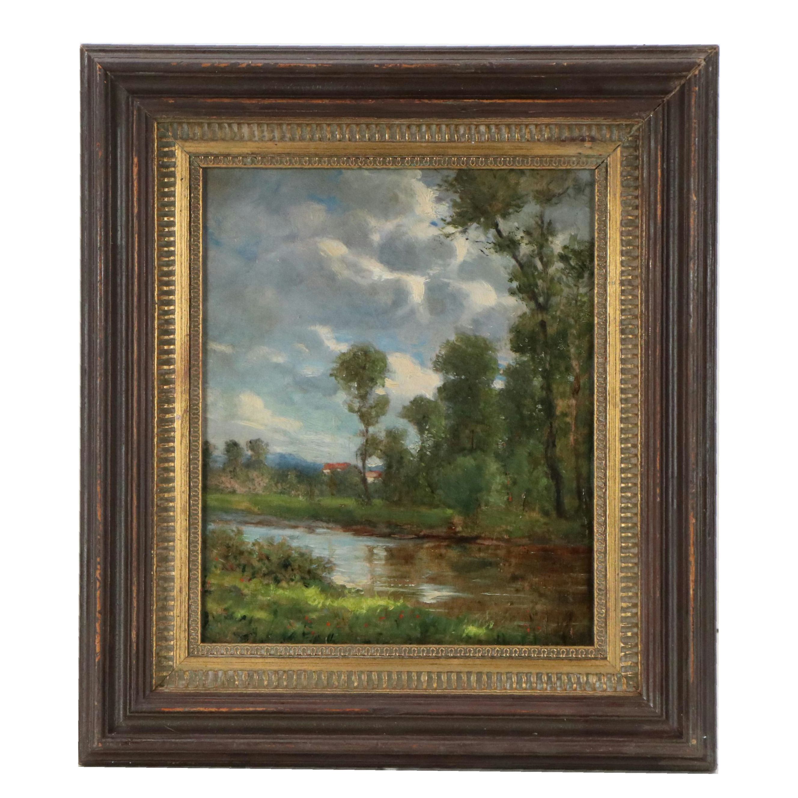 Bucolic River Landscape Oil Painting Featuring Cottage