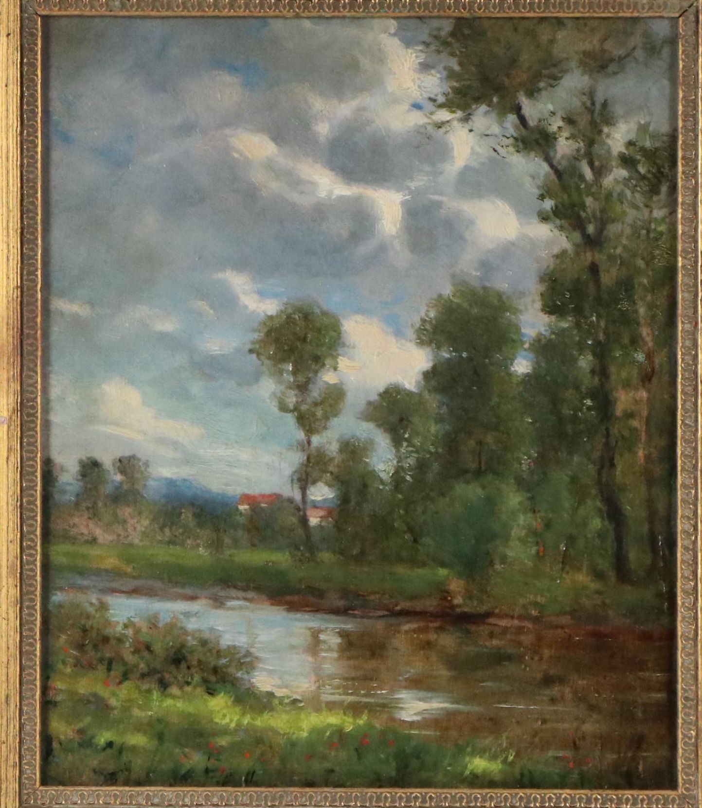 Bucolic River Landscape Oil Painting Featuring Cottage