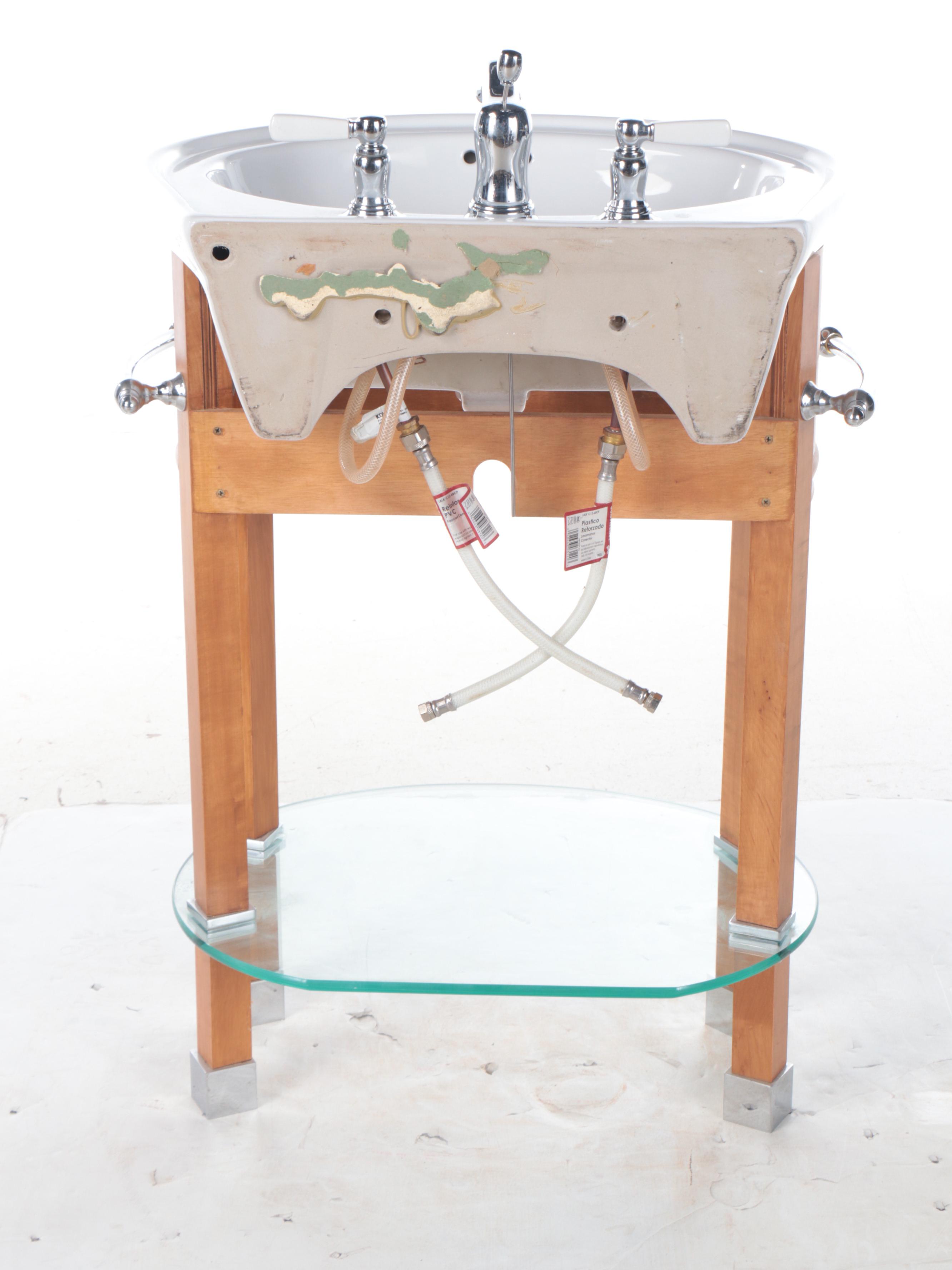 Modernist Style Porcelain Bathroom Sink with Wood and Glass Vanity