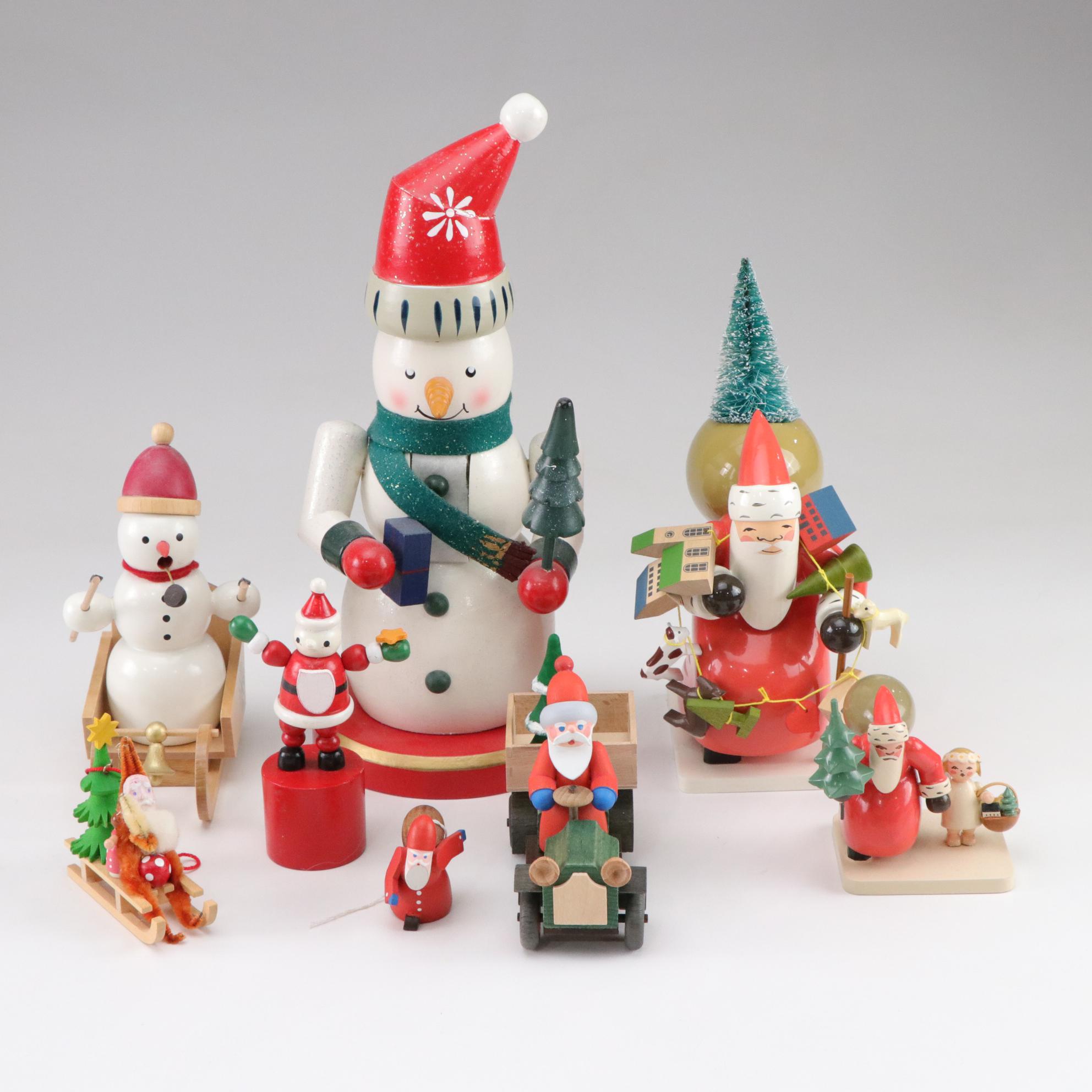 German Incense Smoker and Wooden Santa Figurines