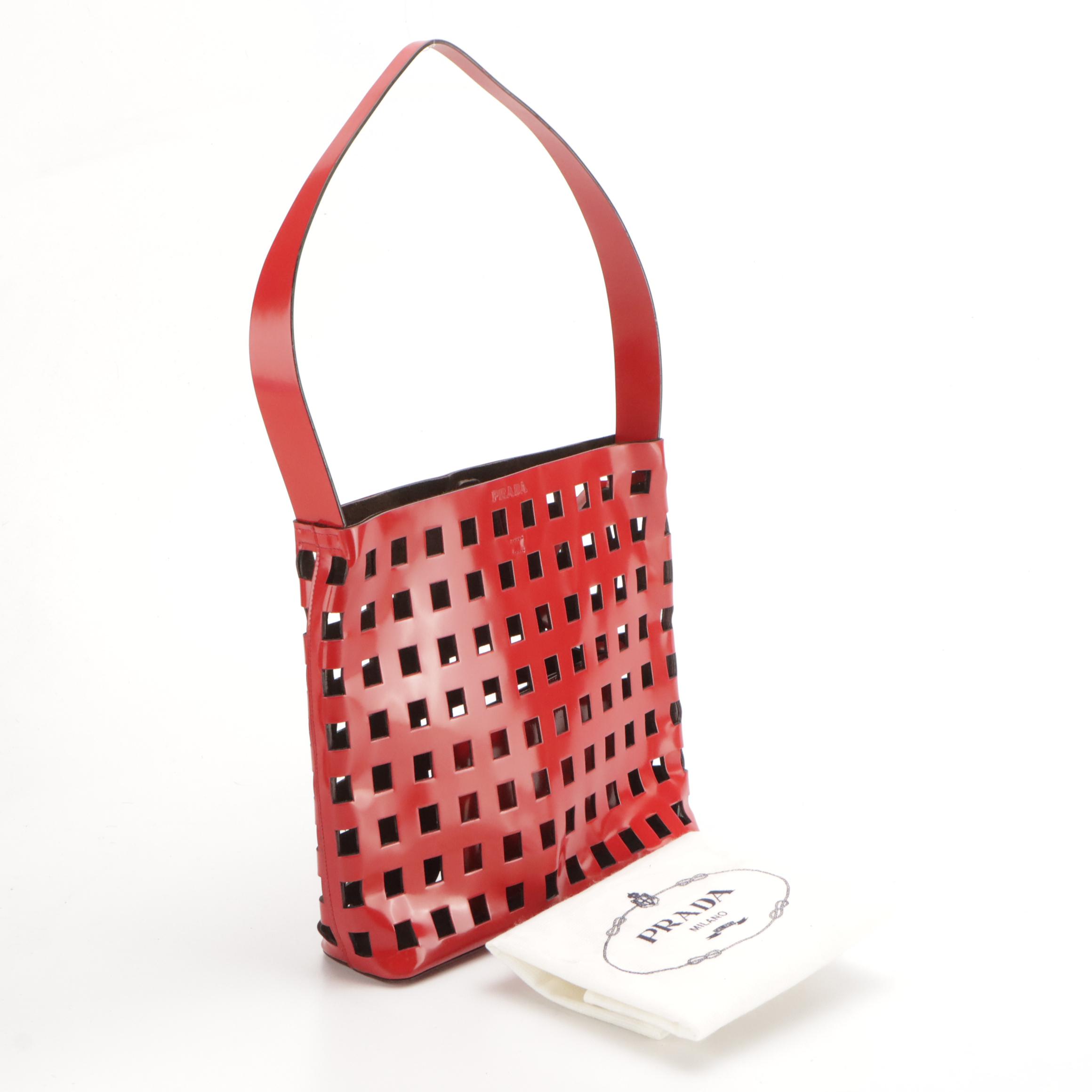 Prada Laser Cut Tote with Pouch B8857 in Rosso Spazzolato Leather
