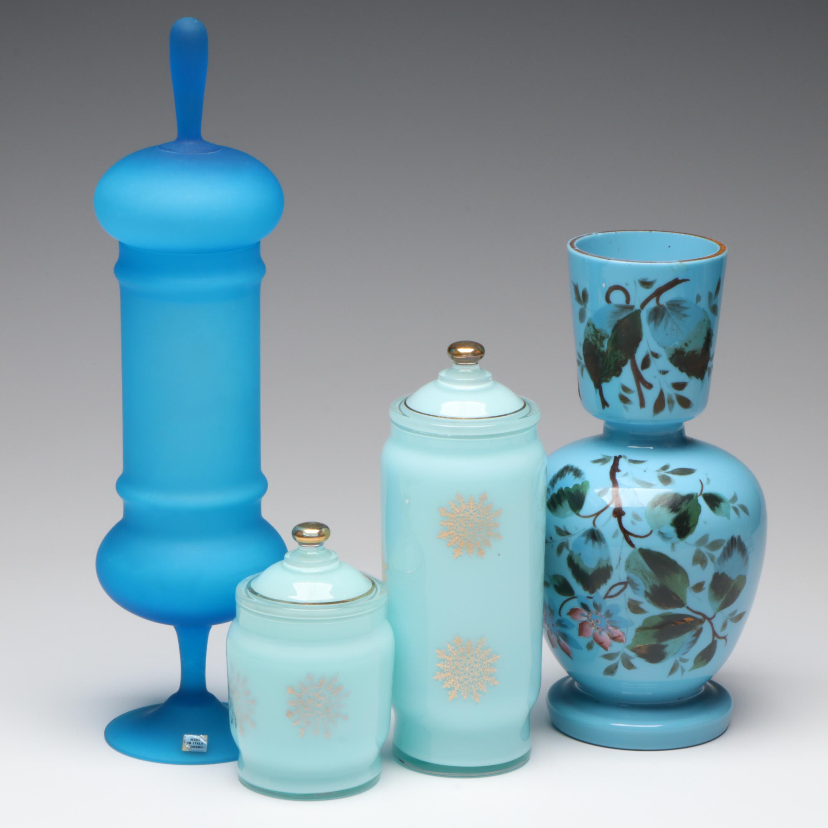 Victorian Hand-Painted Blue Opaline Bristol Glass, Carlo Moretti MCM and More