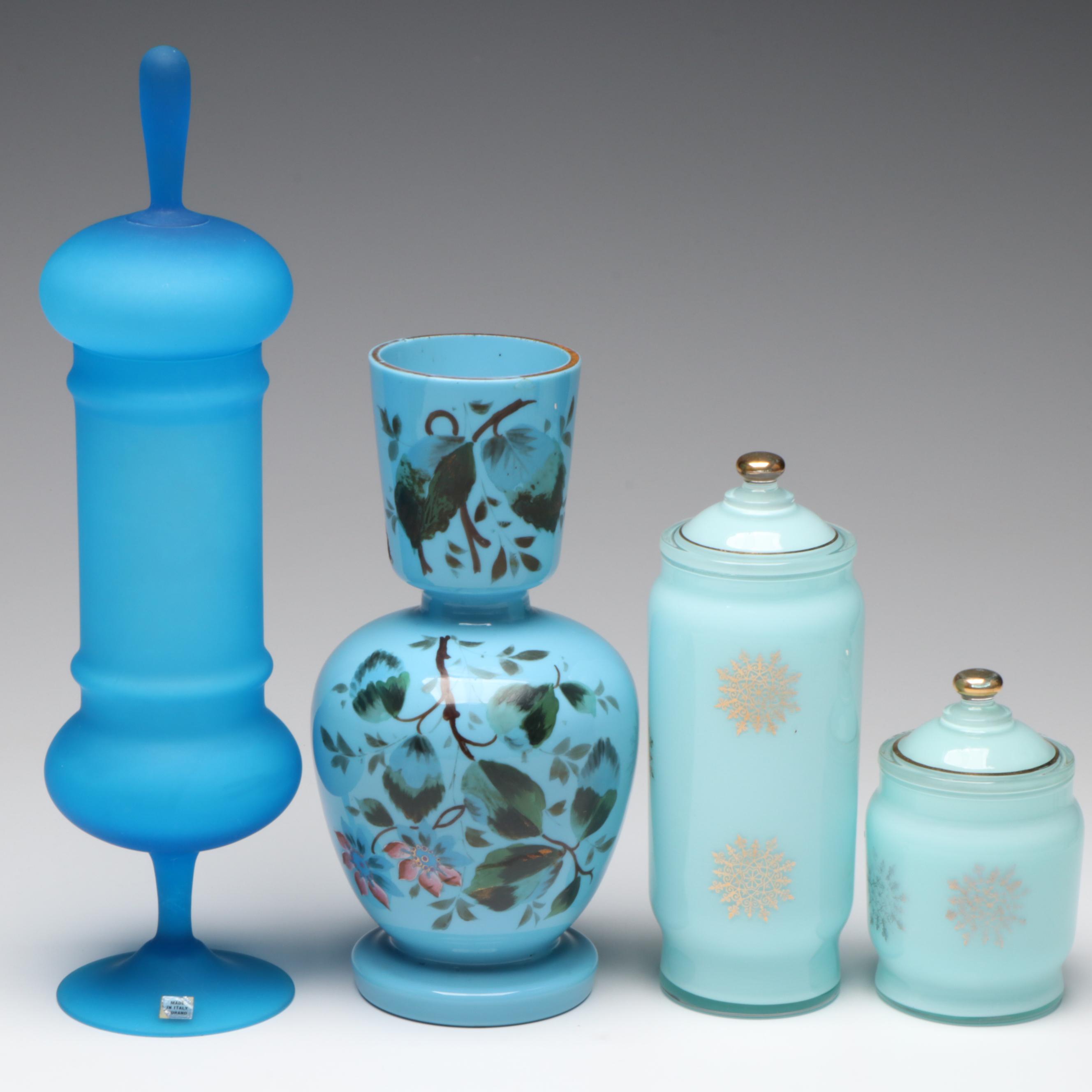 Victorian Hand-Painted Blue Opaline Bristol Glass, Carlo Moretti MCM and More