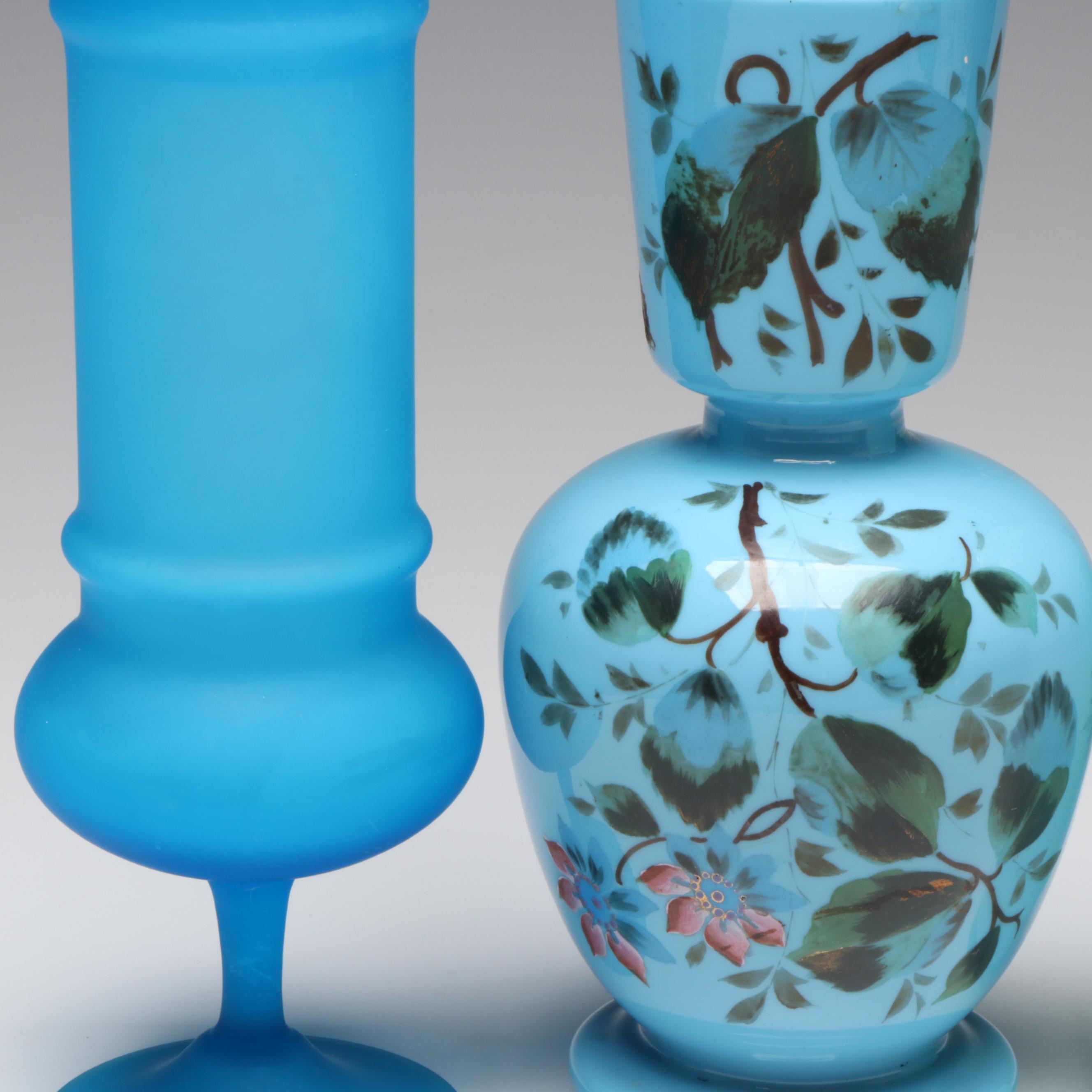 Victorian Hand-Painted Blue Opaline Bristol Glass, Carlo Moretti MCM and More