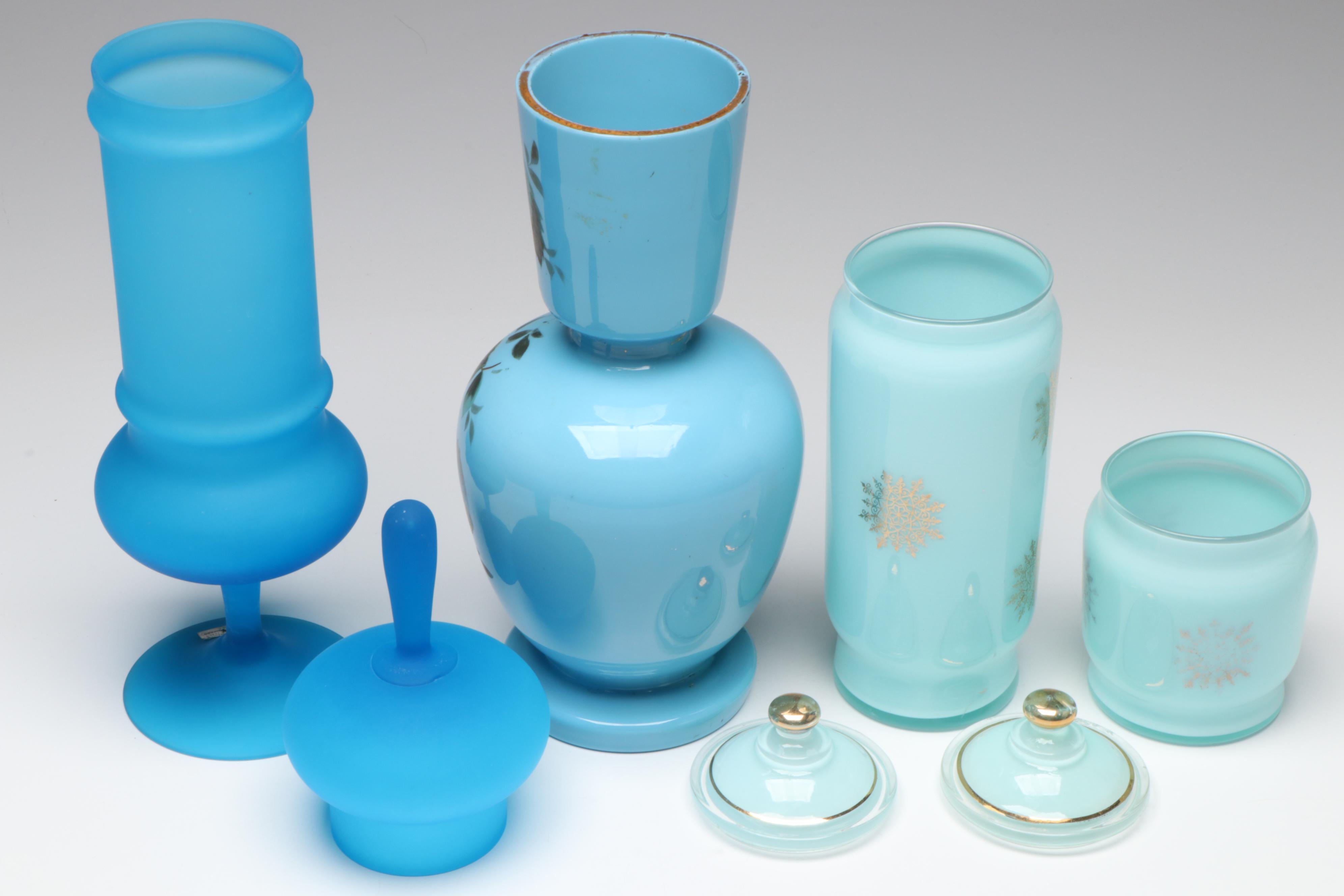 Victorian Hand-Painted Blue Opaline Bristol Glass, Carlo Moretti MCM and More