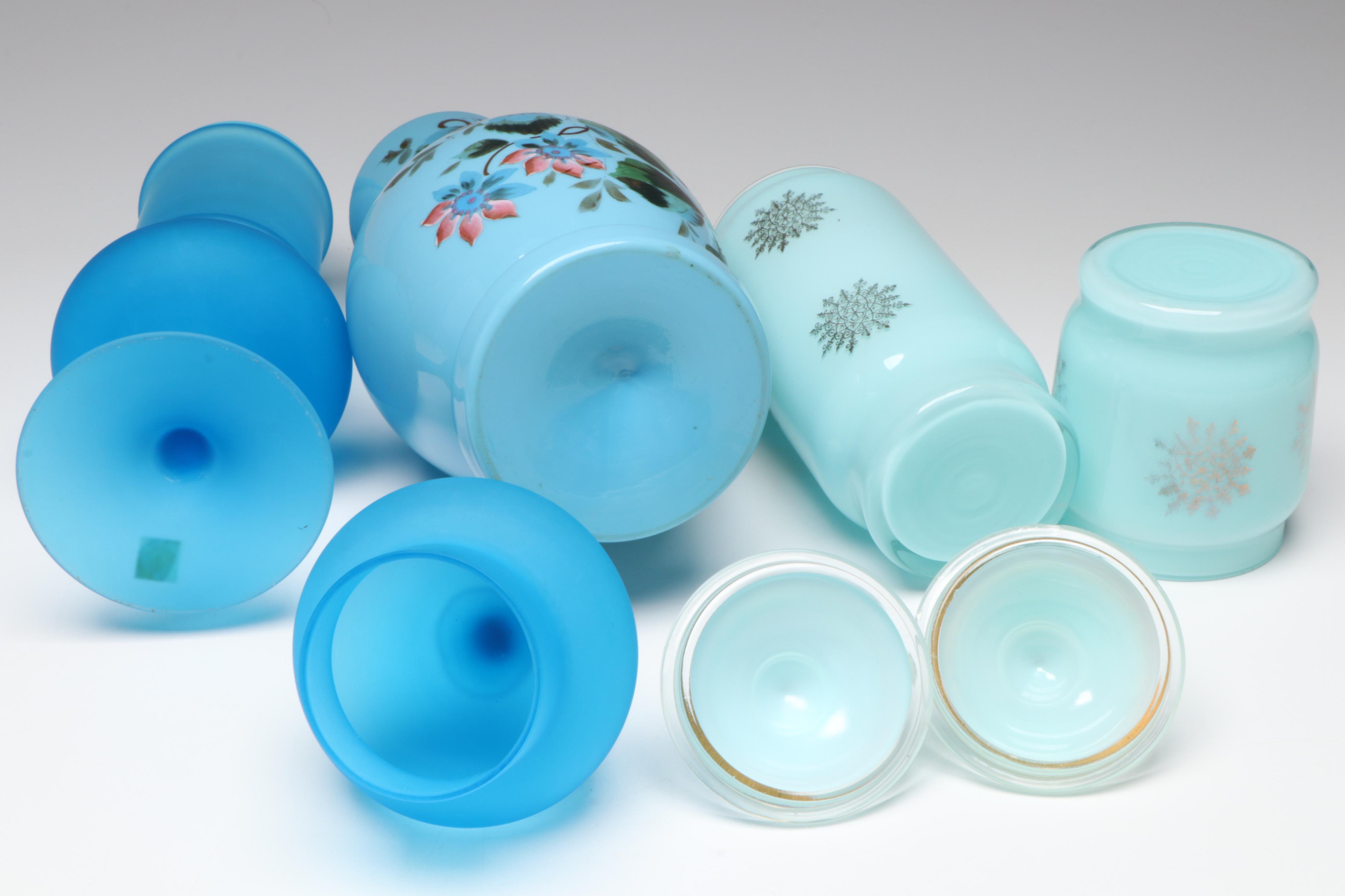 Victorian Hand-Painted Blue Opaline Bristol Glass, Carlo Moretti MCM and More