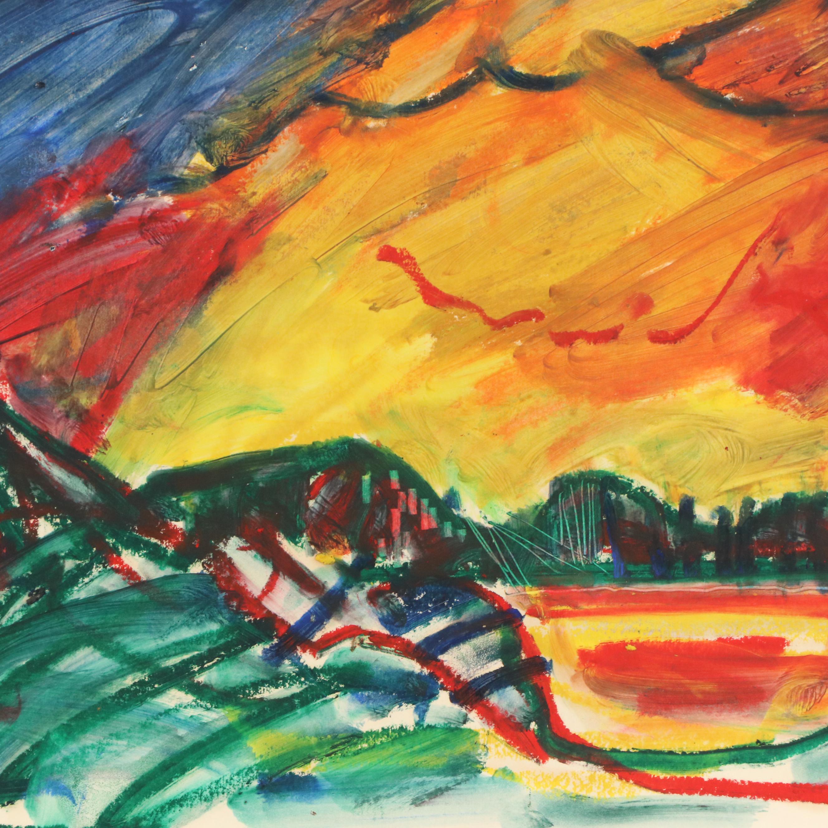 Jack Meanwell Stylized Modern Landscape Oil Pastel Drawing, 1980