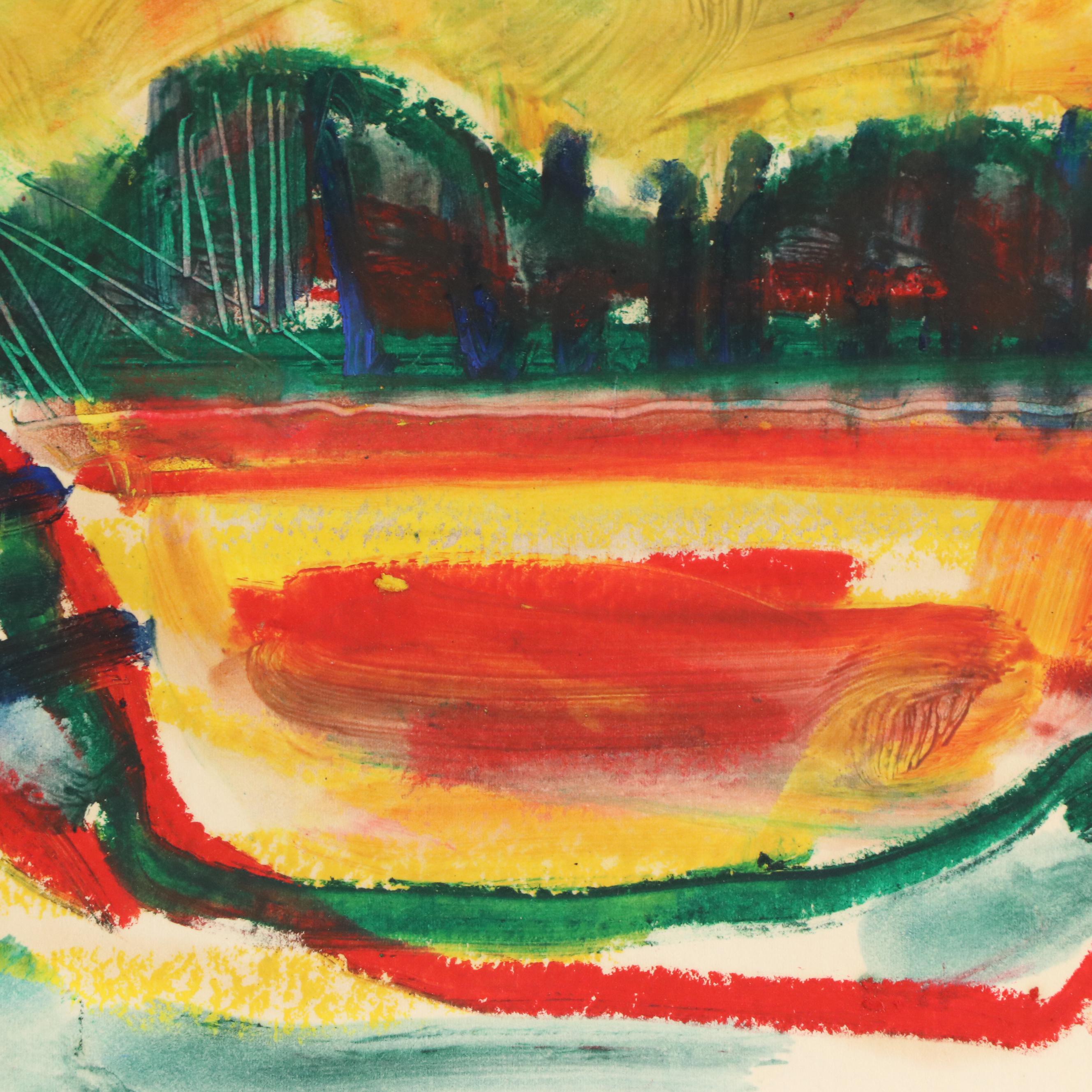 Jack Meanwell Stylized Modern Landscape Oil Pastel Drawing, 1980