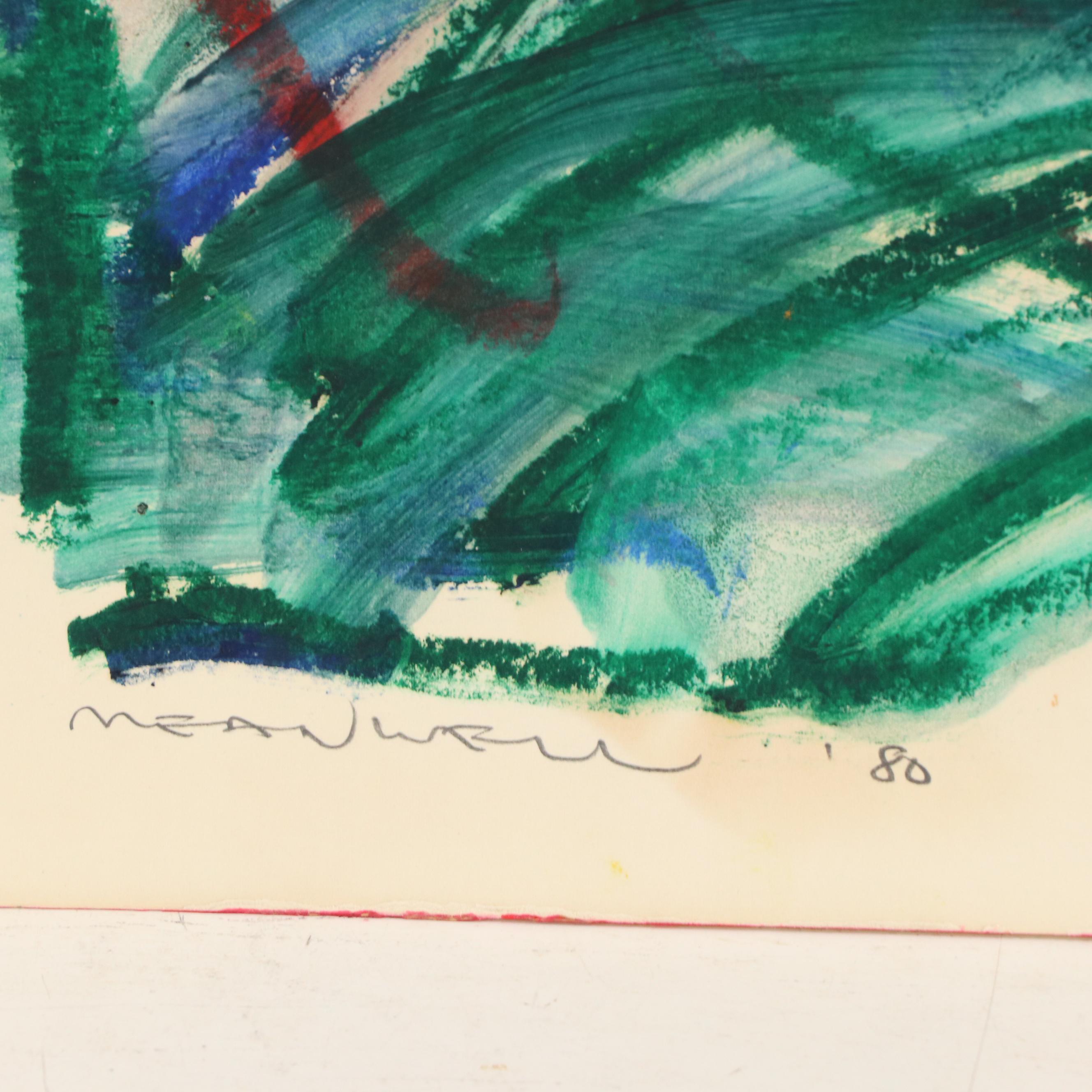 Jack Meanwell Stylized Modern Landscape Oil Pastel Drawing, 1980