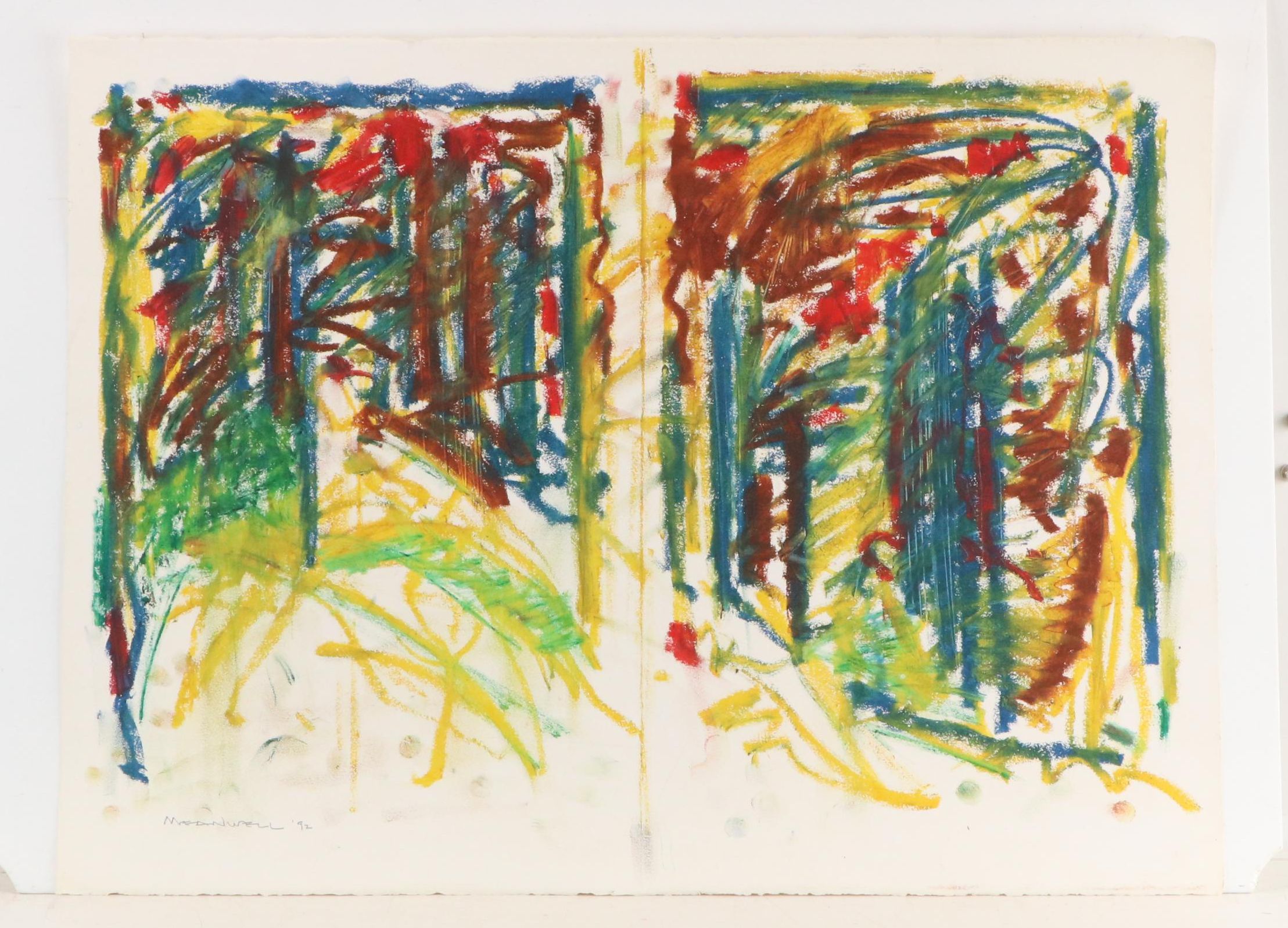Jack Meanwell Abstract Modern Oil Pastel Drawing, 1992