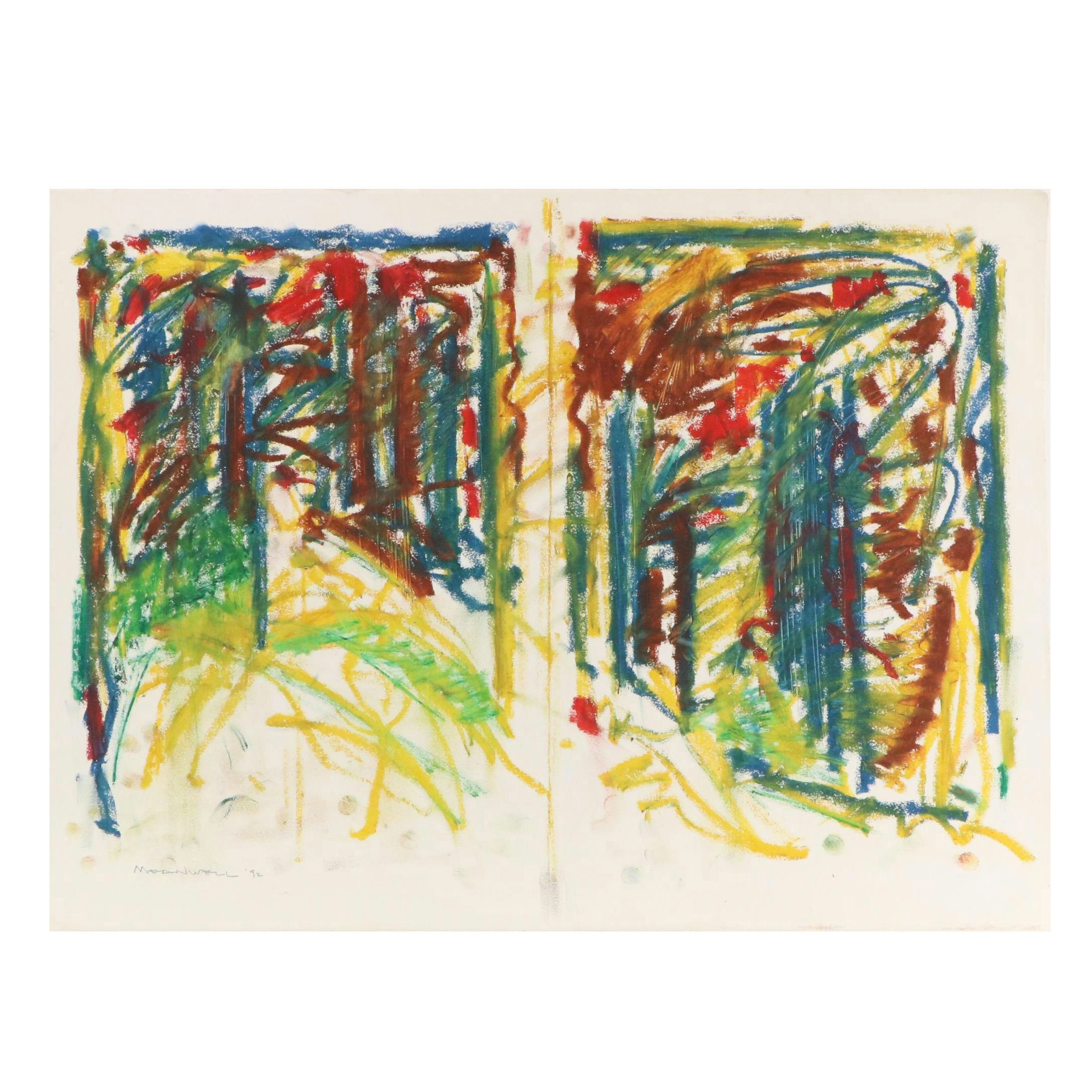 Jack Meanwell Abstract Modern Oil Pastel Drawing, 1992
