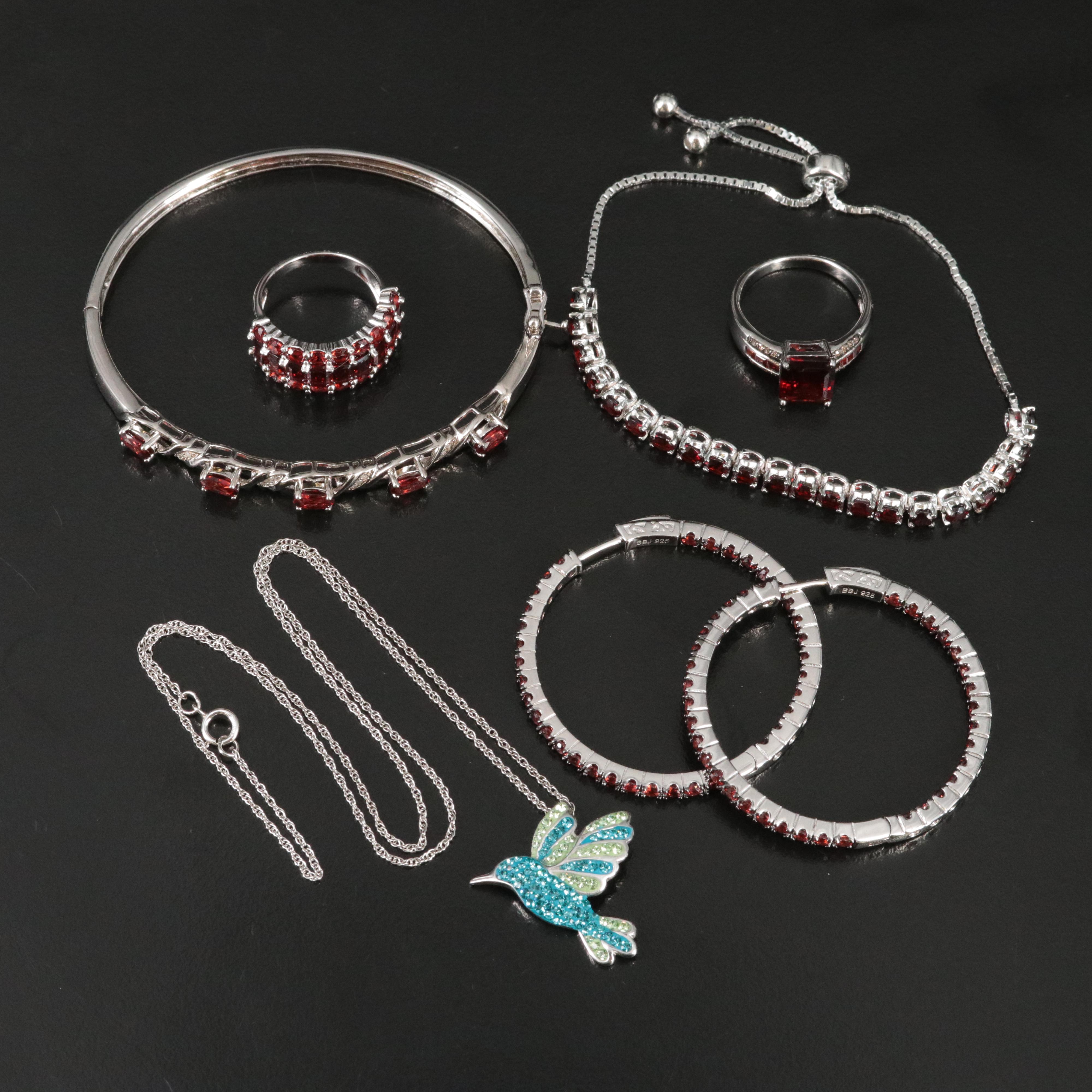 Sterling Jewelry Collection Including Garnets, Diamonds and Rhinestones