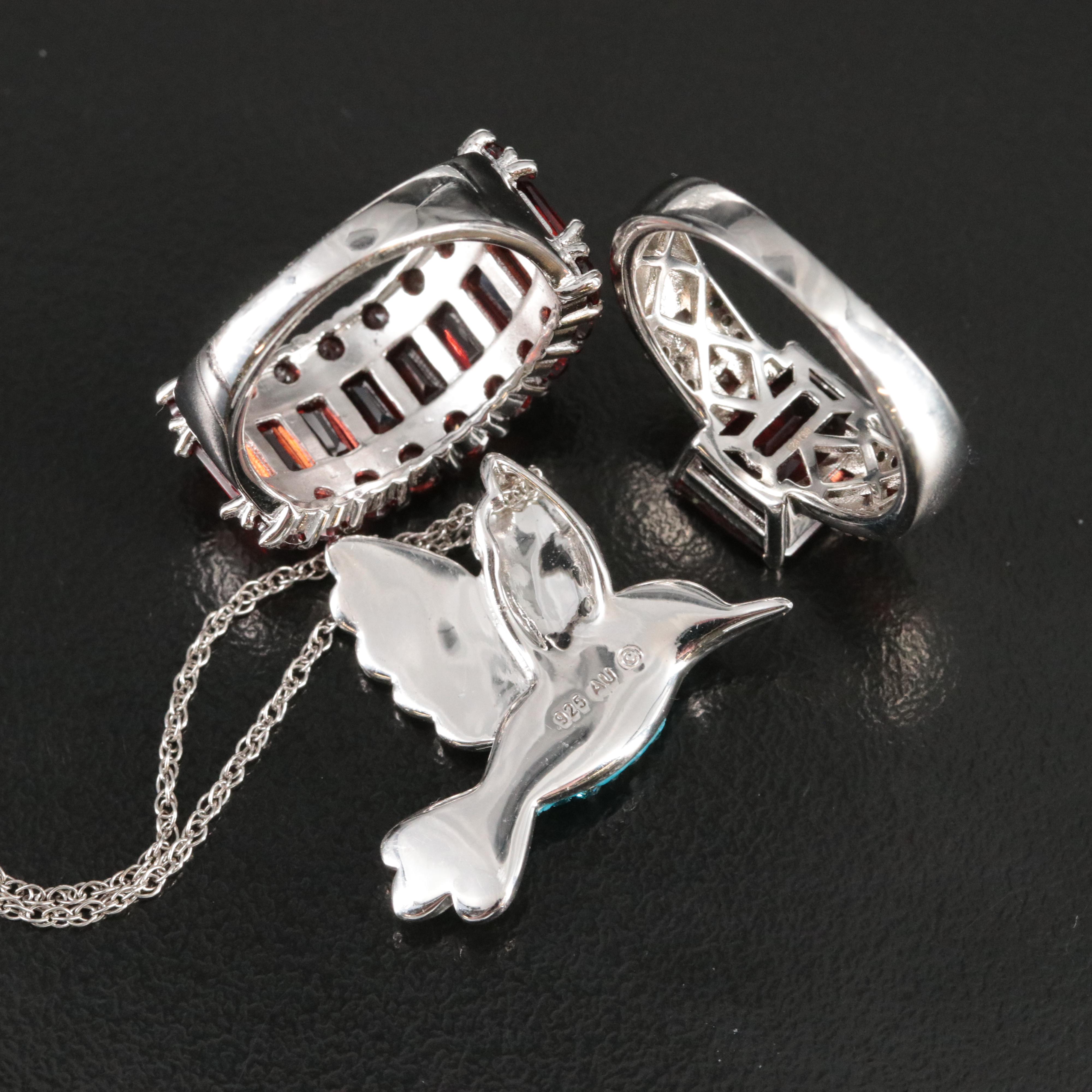 Sterling Jewelry Collection Including Garnets, Diamonds and Rhinestones