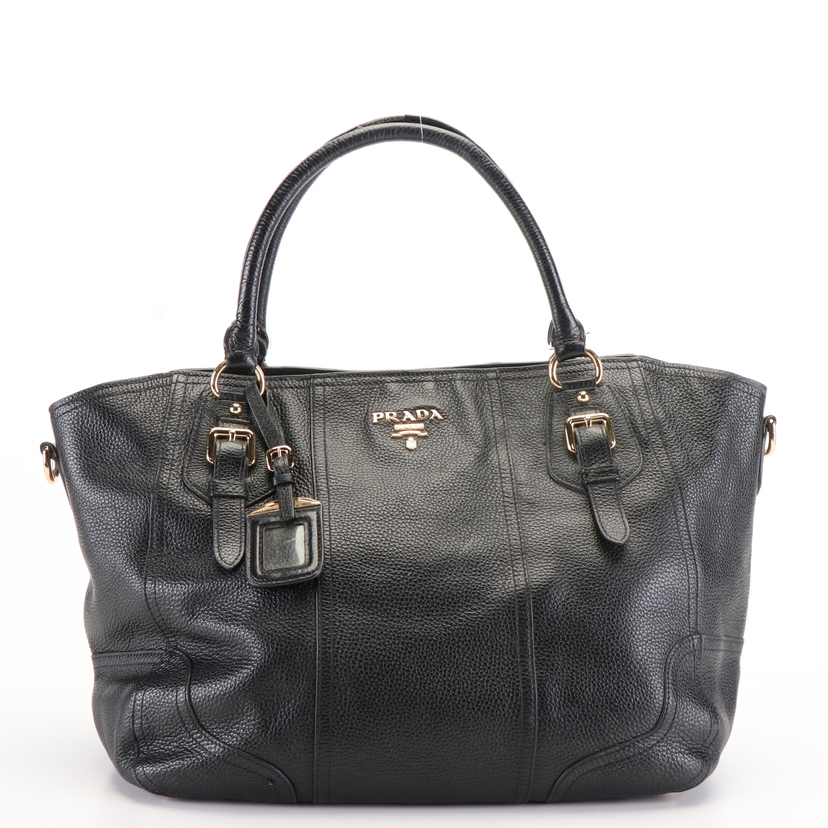 Prada Cervo Antik Nero Vitello Daino Leather Shoulder Bag