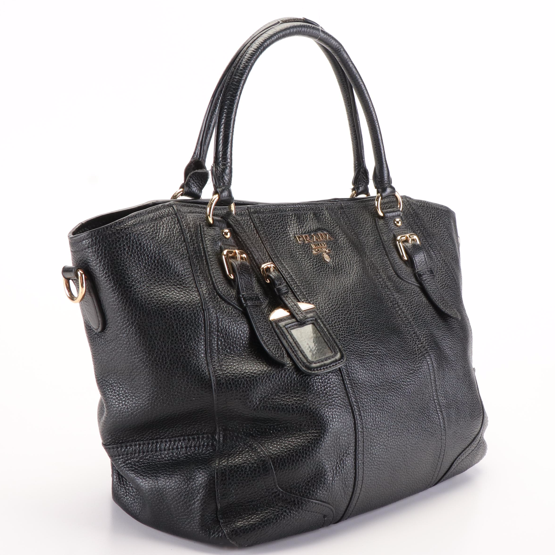 Prada Cervo Antik Nero Vitello Daino Leather Shoulder Bag