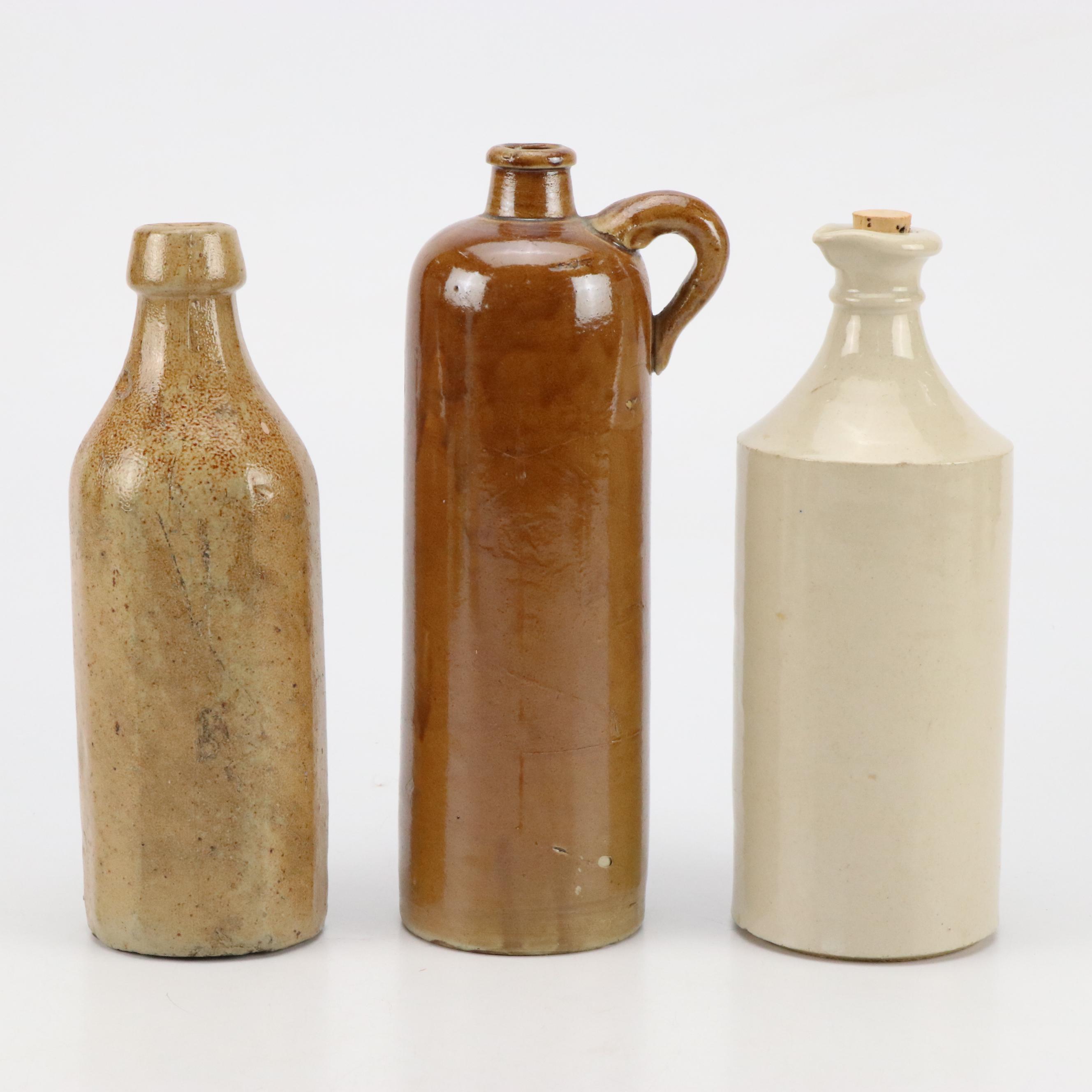 Stoneware Ink and Other Bottles and Majolica Pitcher