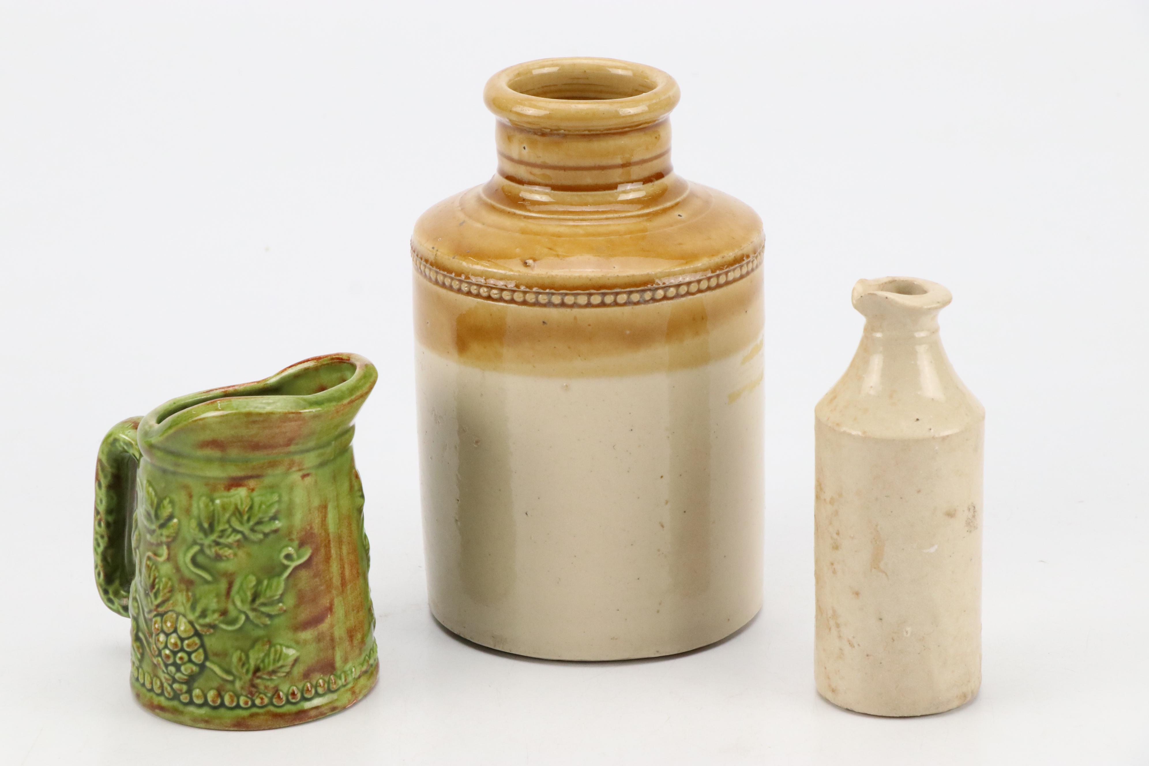 Stoneware Ink and Other Bottles and Majolica Pitcher