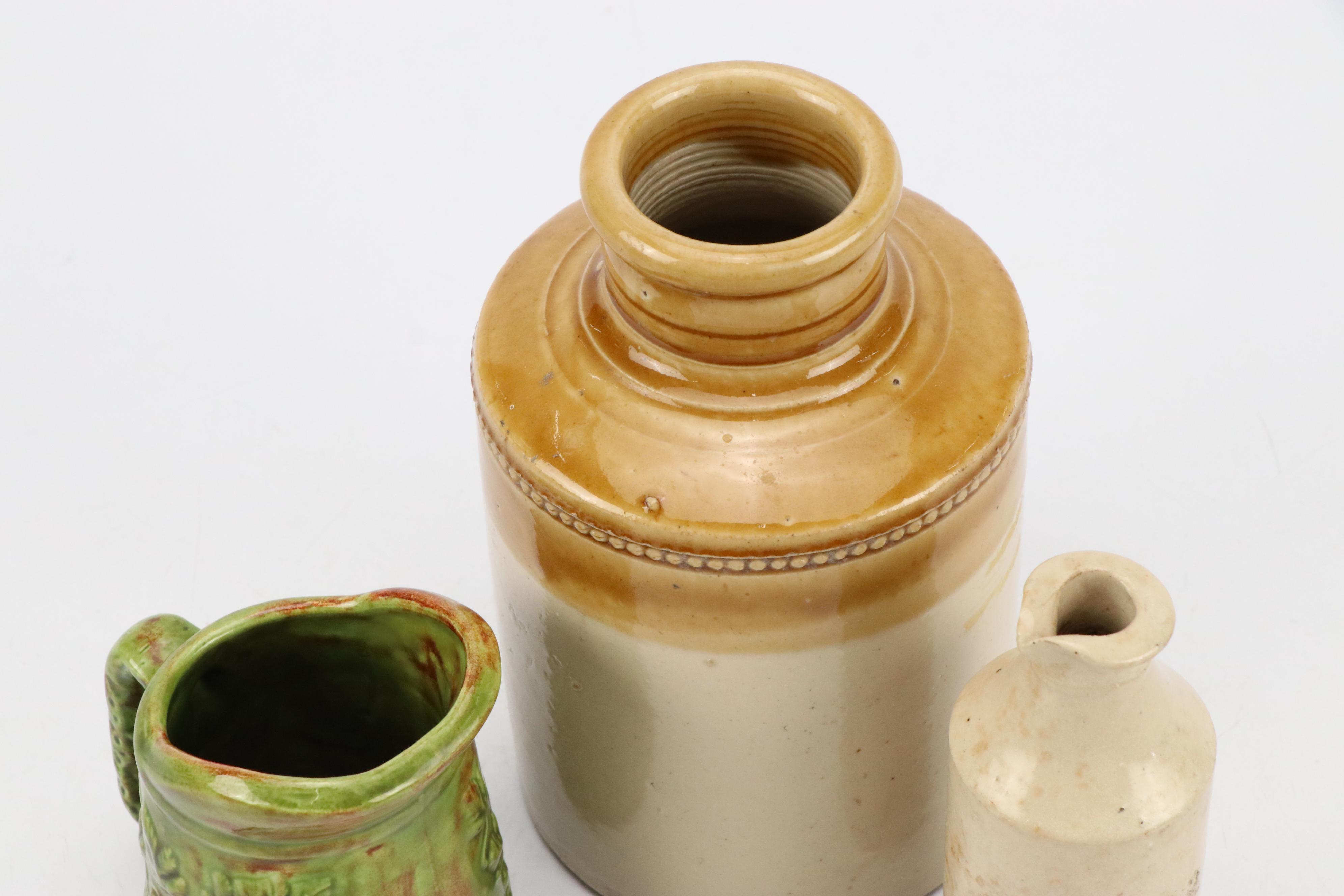 Stoneware Ink and Other Bottles and Majolica Pitcher