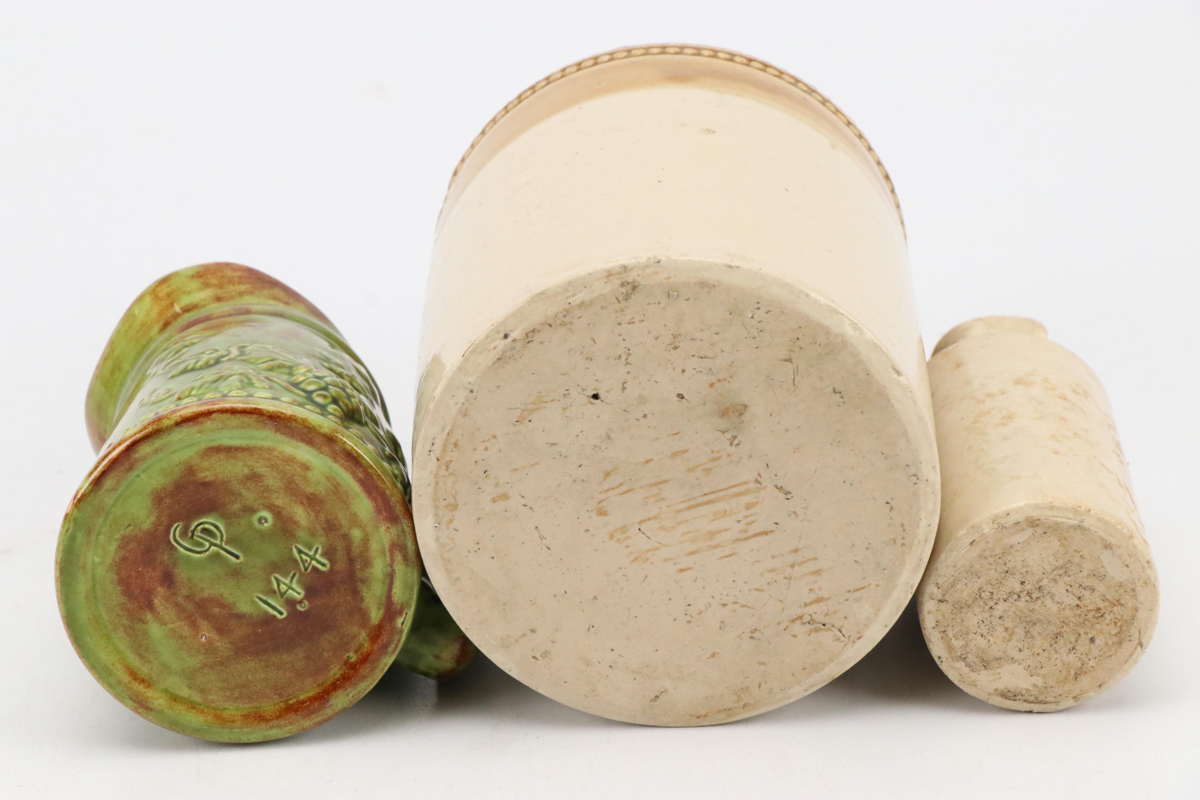 Stoneware Ink and Other Bottles and Majolica Pitcher