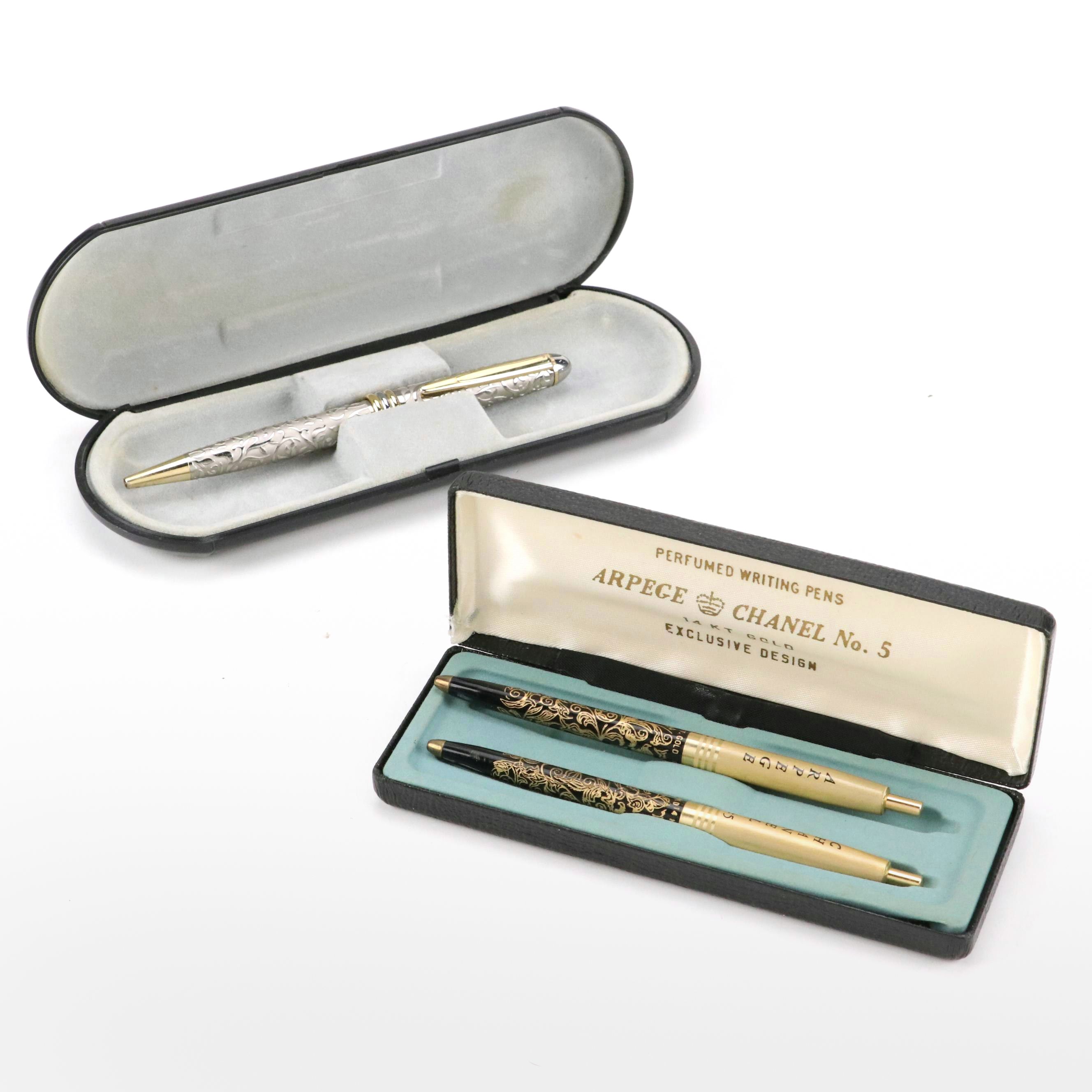 Arpege Chanel No. 5 14K Gold Accented Pens with St. John Metal Ballpoint Pen