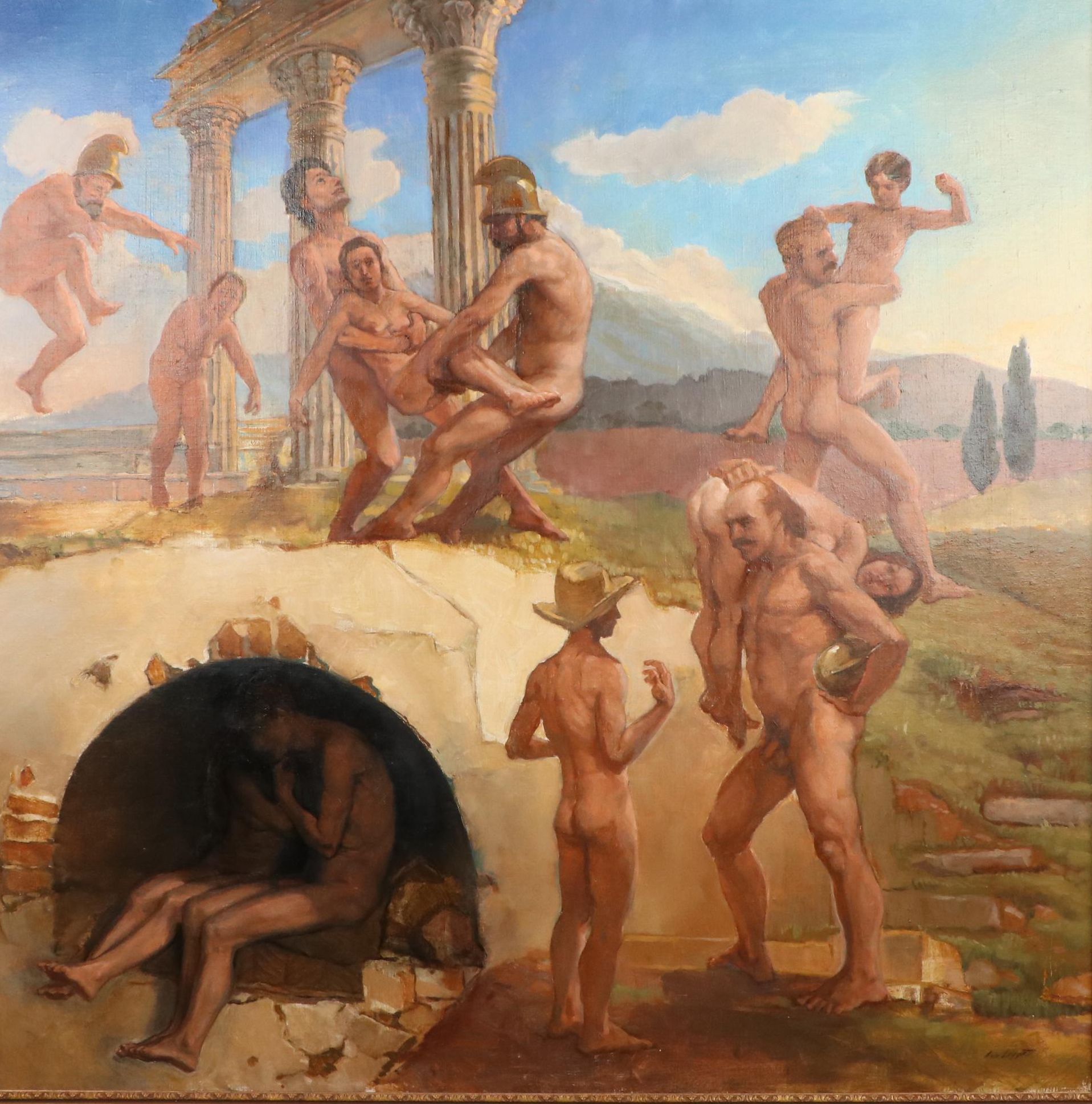 Ann Vaughan Leggett Oil Painting of Greco-Roman Narrative Scene, 20th Century