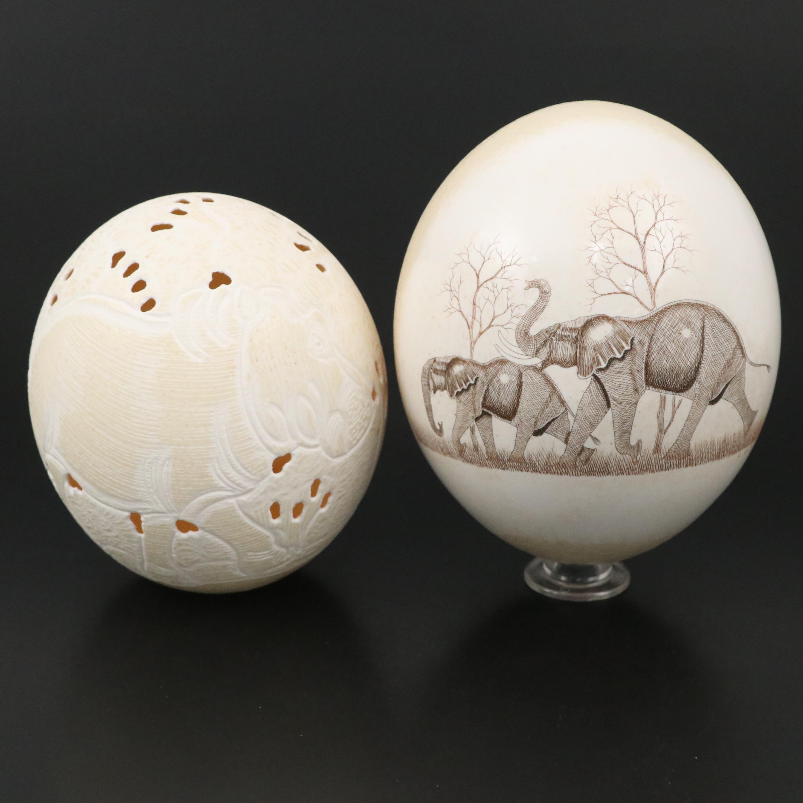 Hand-Carved Ostrich Eggs with Elephant and Rhinoceros Motifs