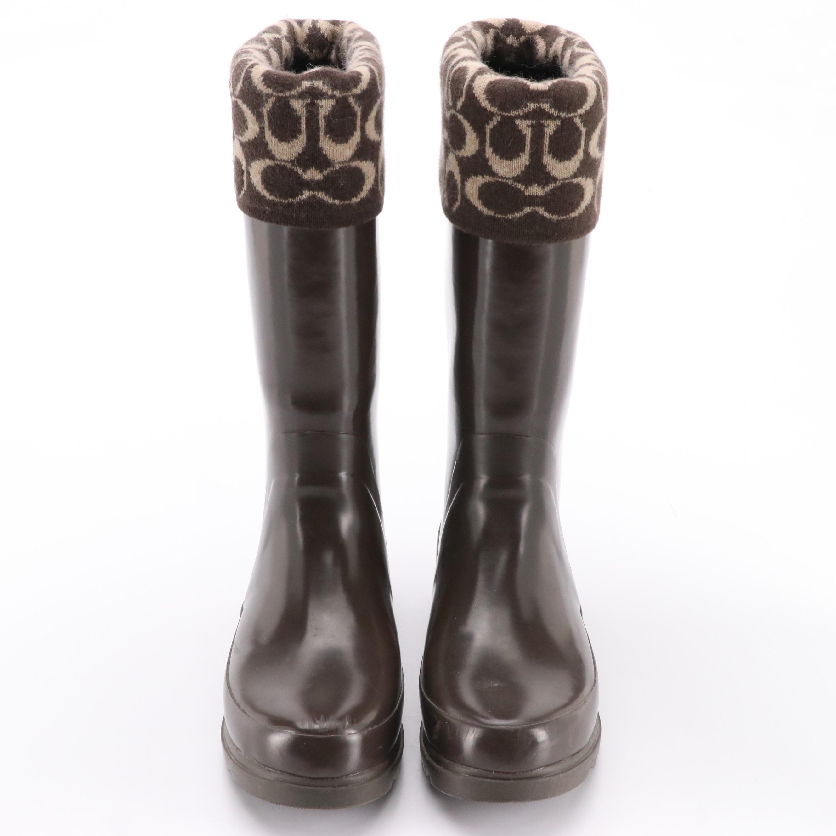 Coach 'Peace' Signature C Mid Calf Brown Rubber Rain Boots