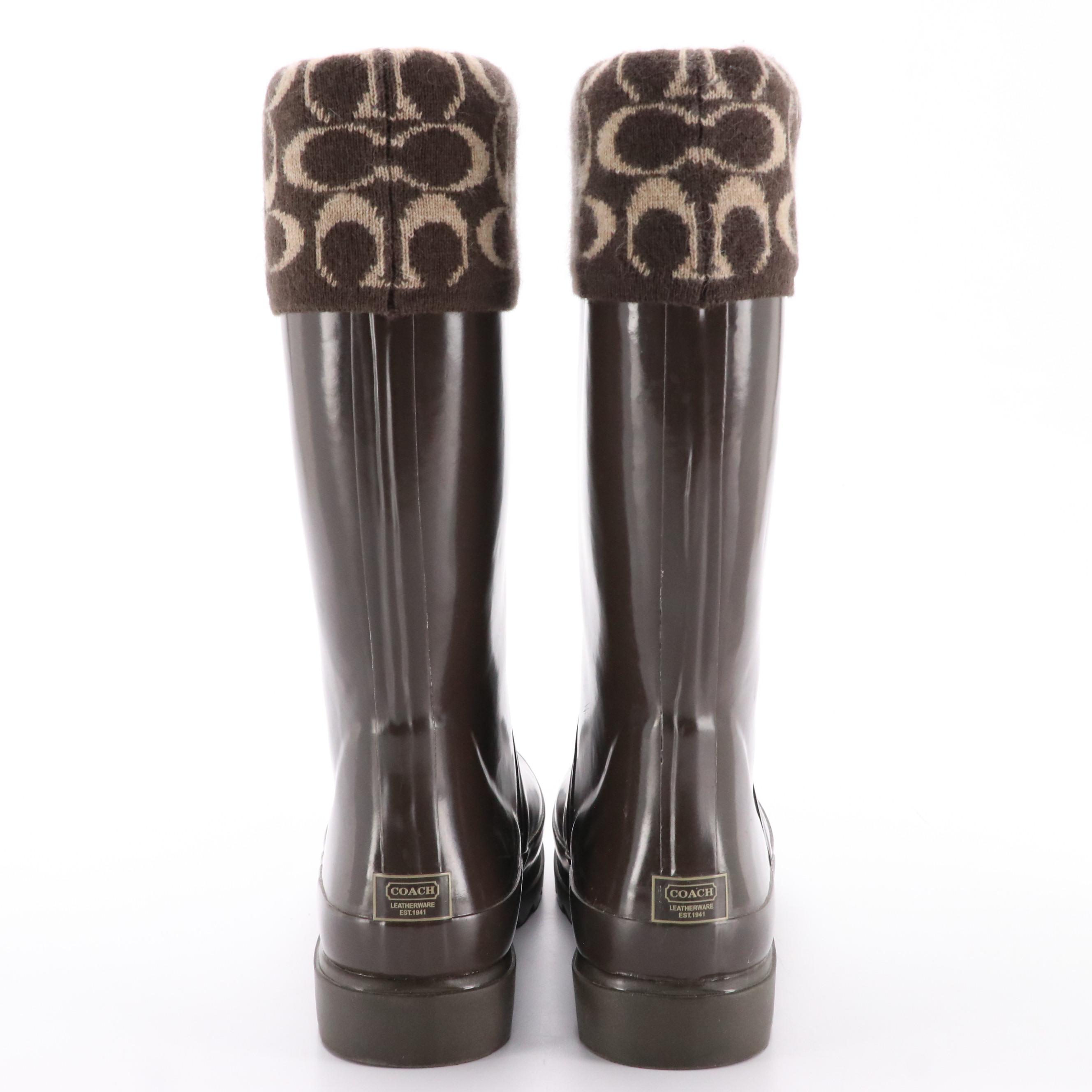 Coach 'Peace' Signature C Mid Calf Brown Rubber Rain Boots