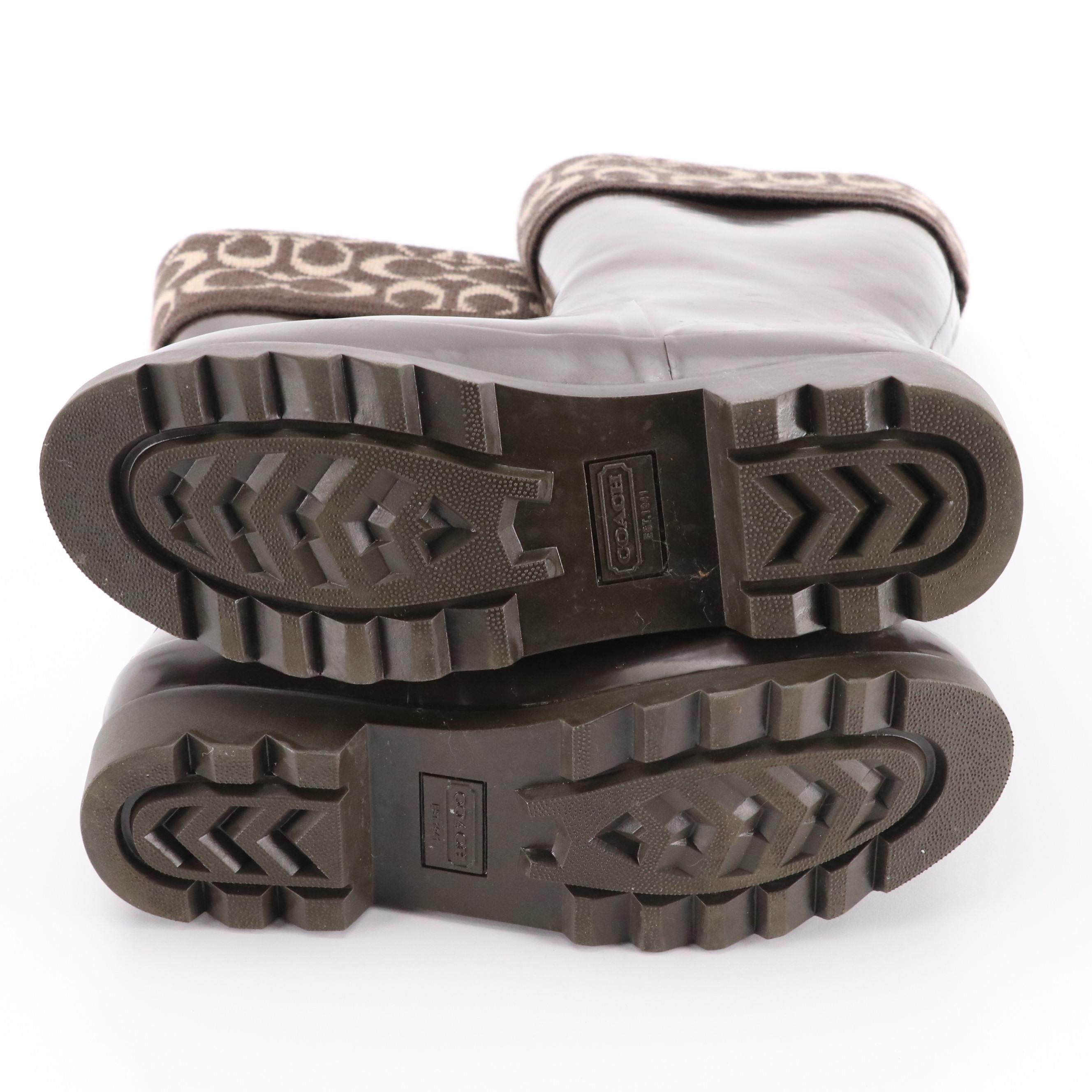 Coach 'Peace' Signature C Mid Calf Brown Rubber Rain Boots