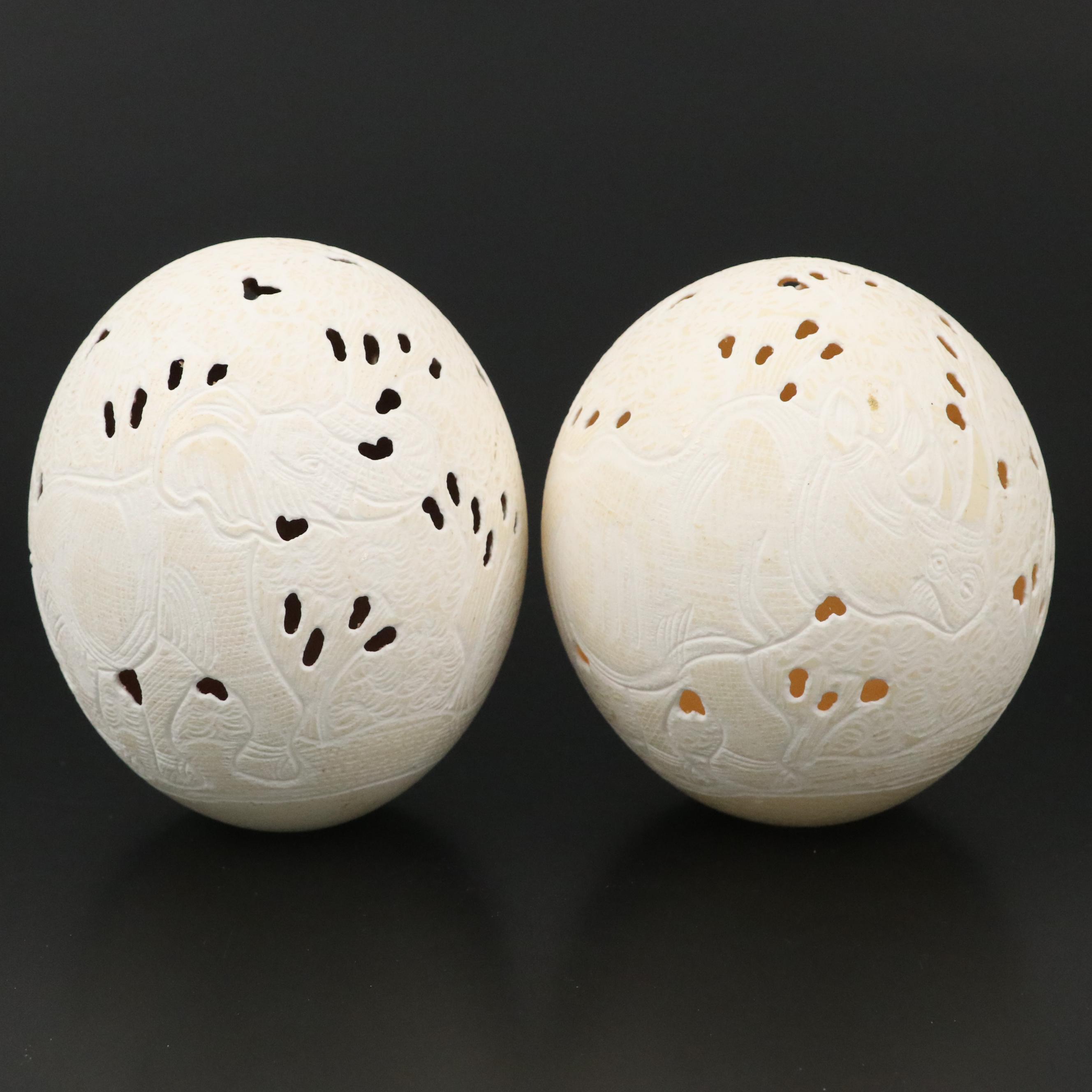 Hand-Carved Ostrich Eggs with Elephant and Rhinoceros Motifs