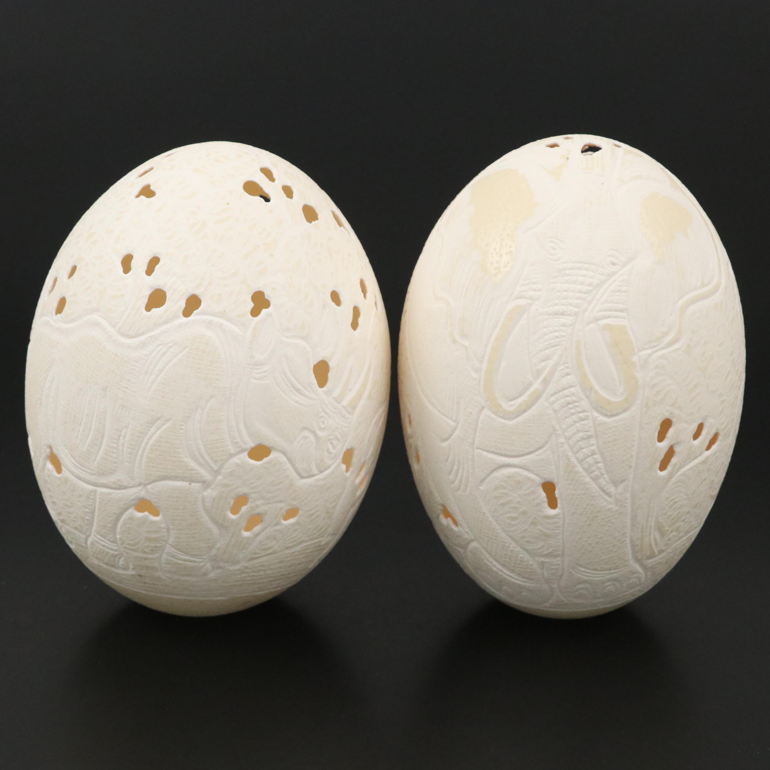 Hand-Carved Ostrich Eggs with Elephant and Rhinoceros Motifs