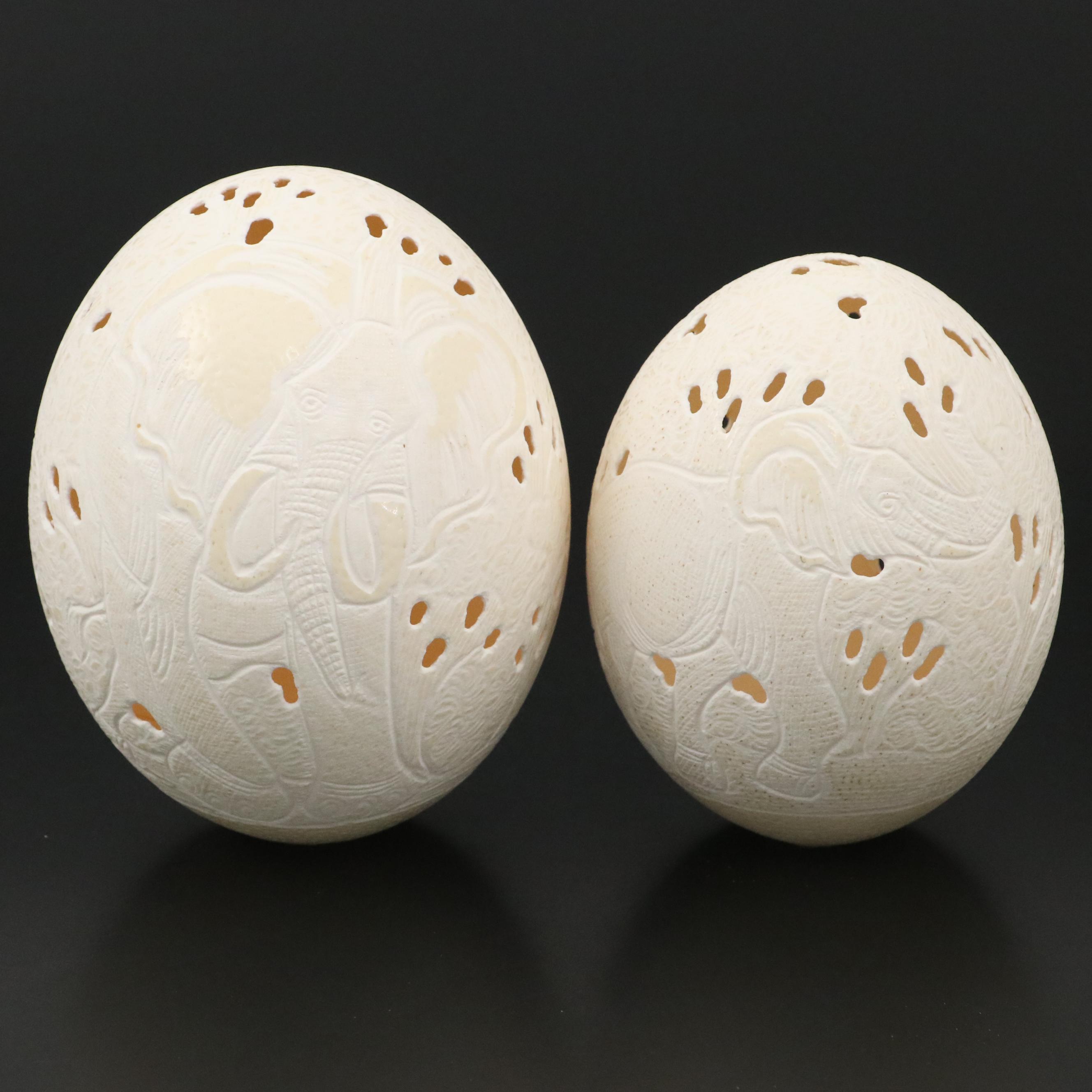 Hand-Carved Ostrich Eggs with Elephant Motif