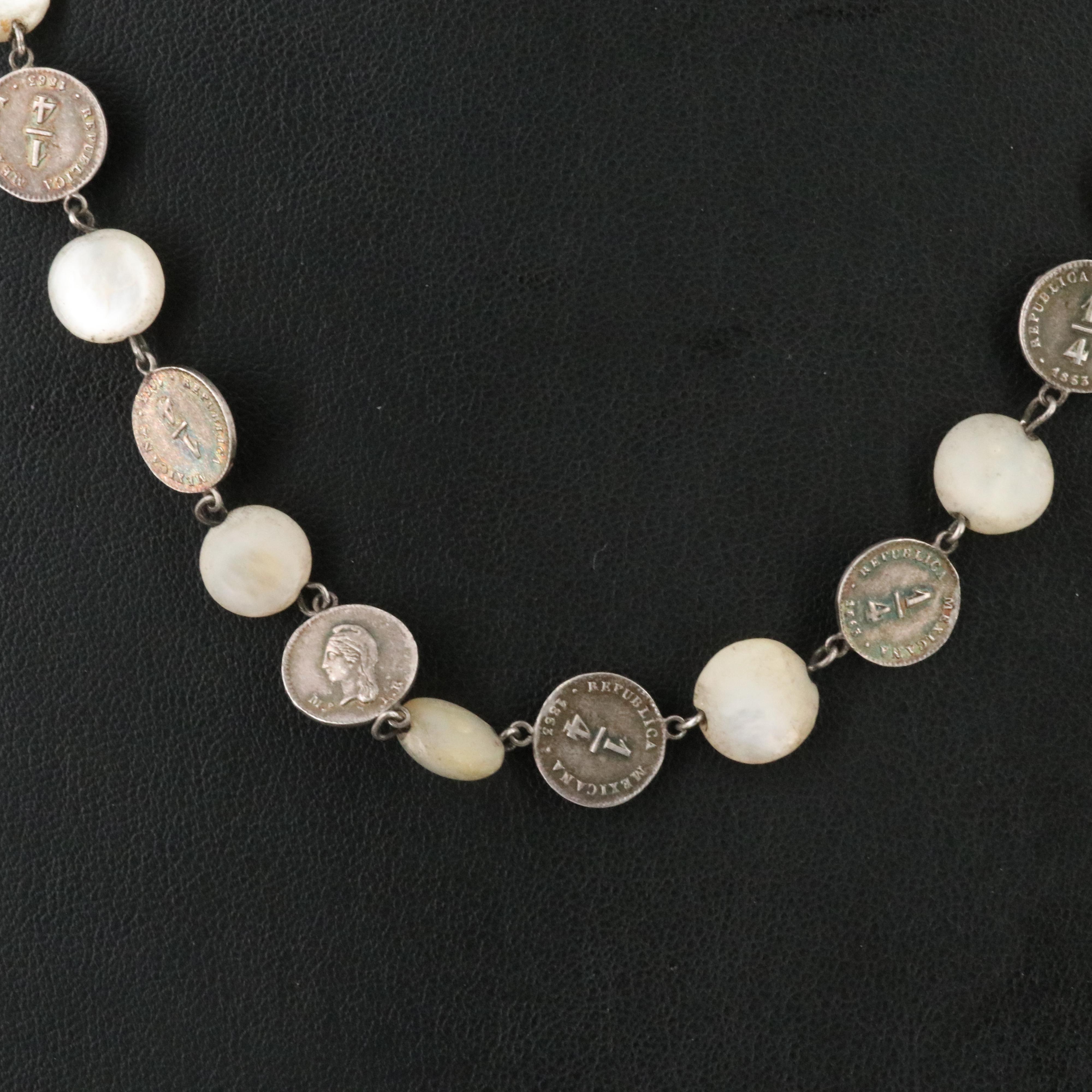 Necklace with Mother-of-Pearl and Mexican 1/4-Real Silver Coins, 1860s