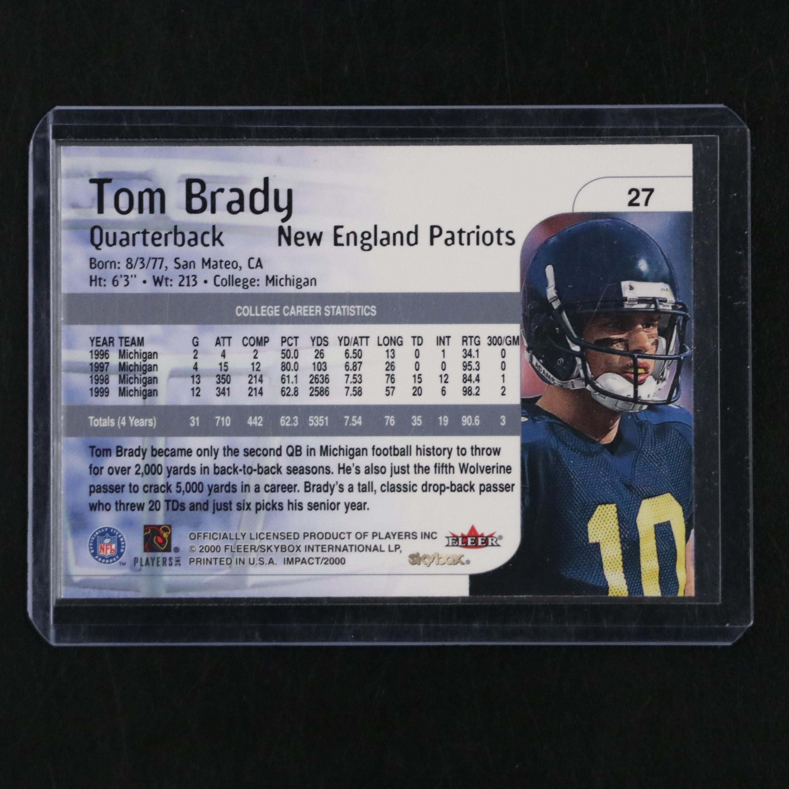 2000 Skybox Impact Tom Brady Rookie Football Card #27 New England Patriots