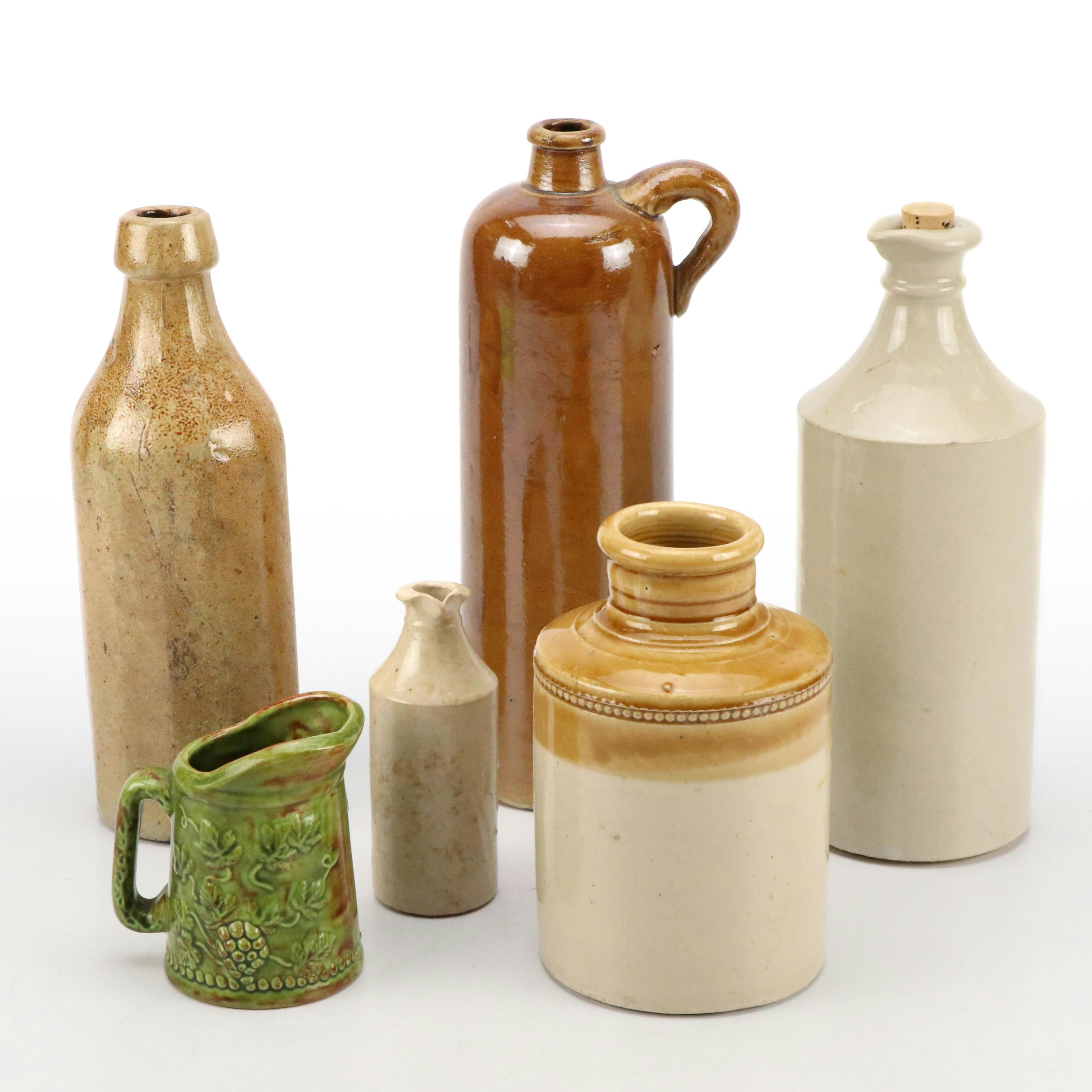 Stoneware Ink and Other Bottles and Majolica Pitcher
