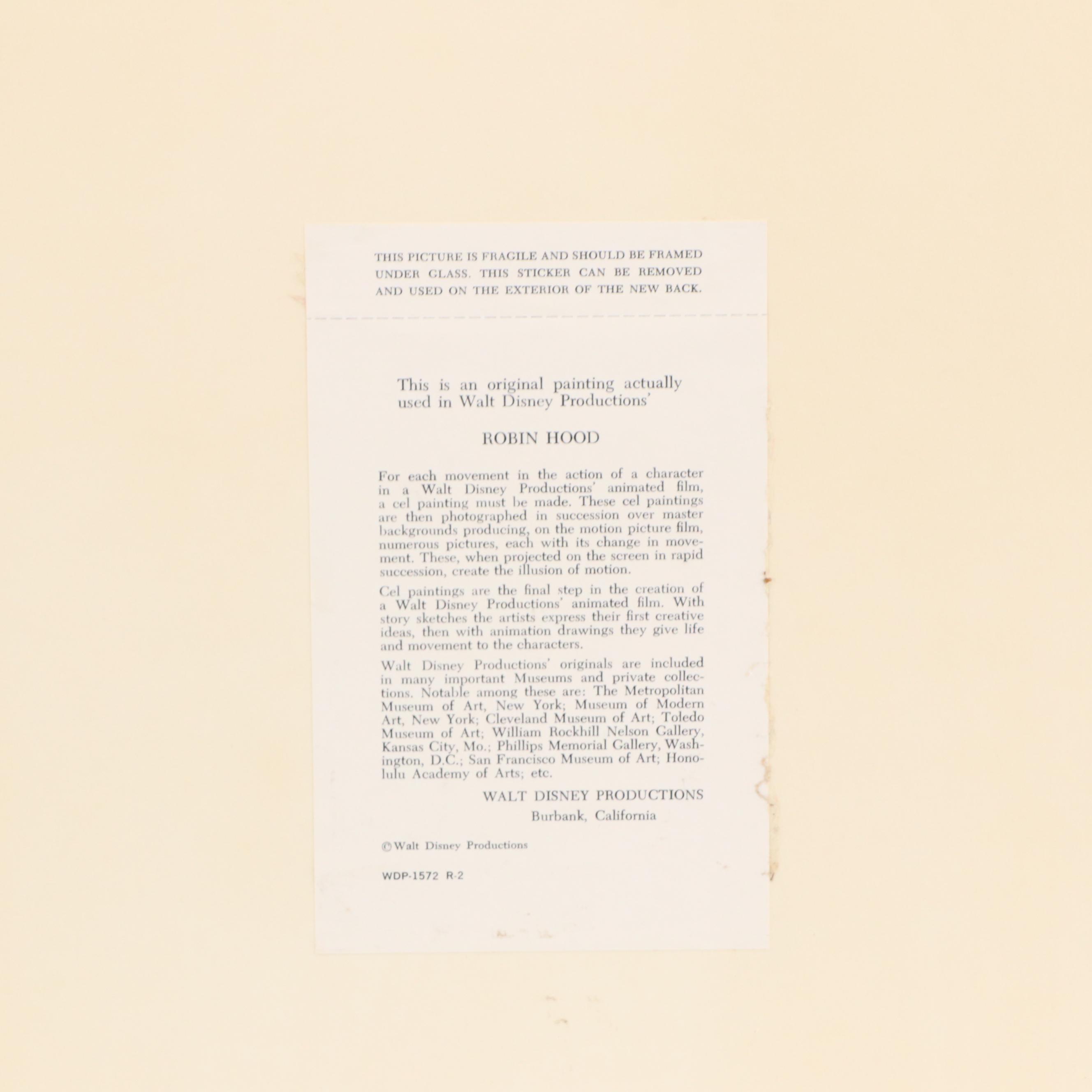 Disney Hand-Colored Animation Cel from "Robin Hood," Circa 1973