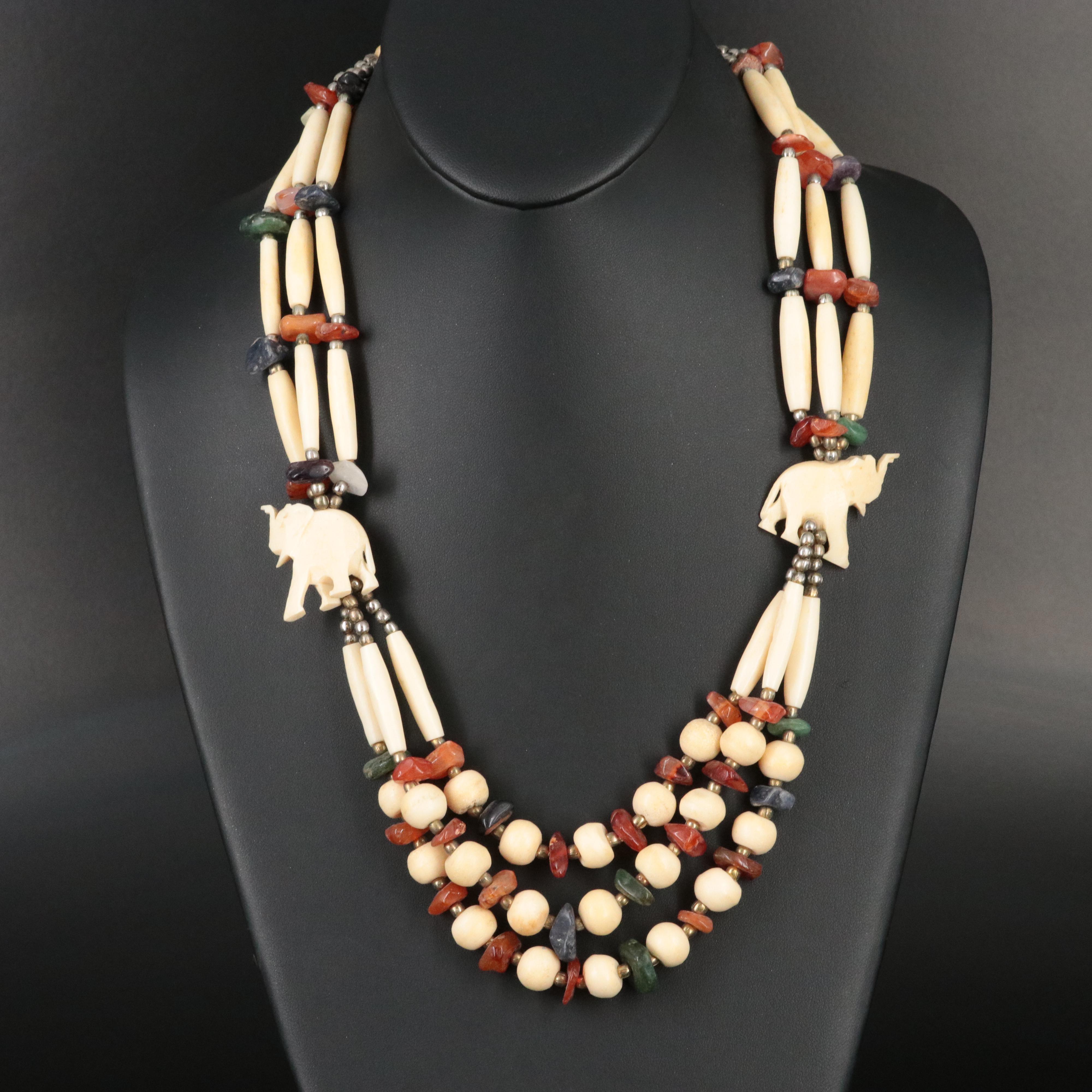 Lucky Elephant Necklace with Bone, Sard and Aventurine
